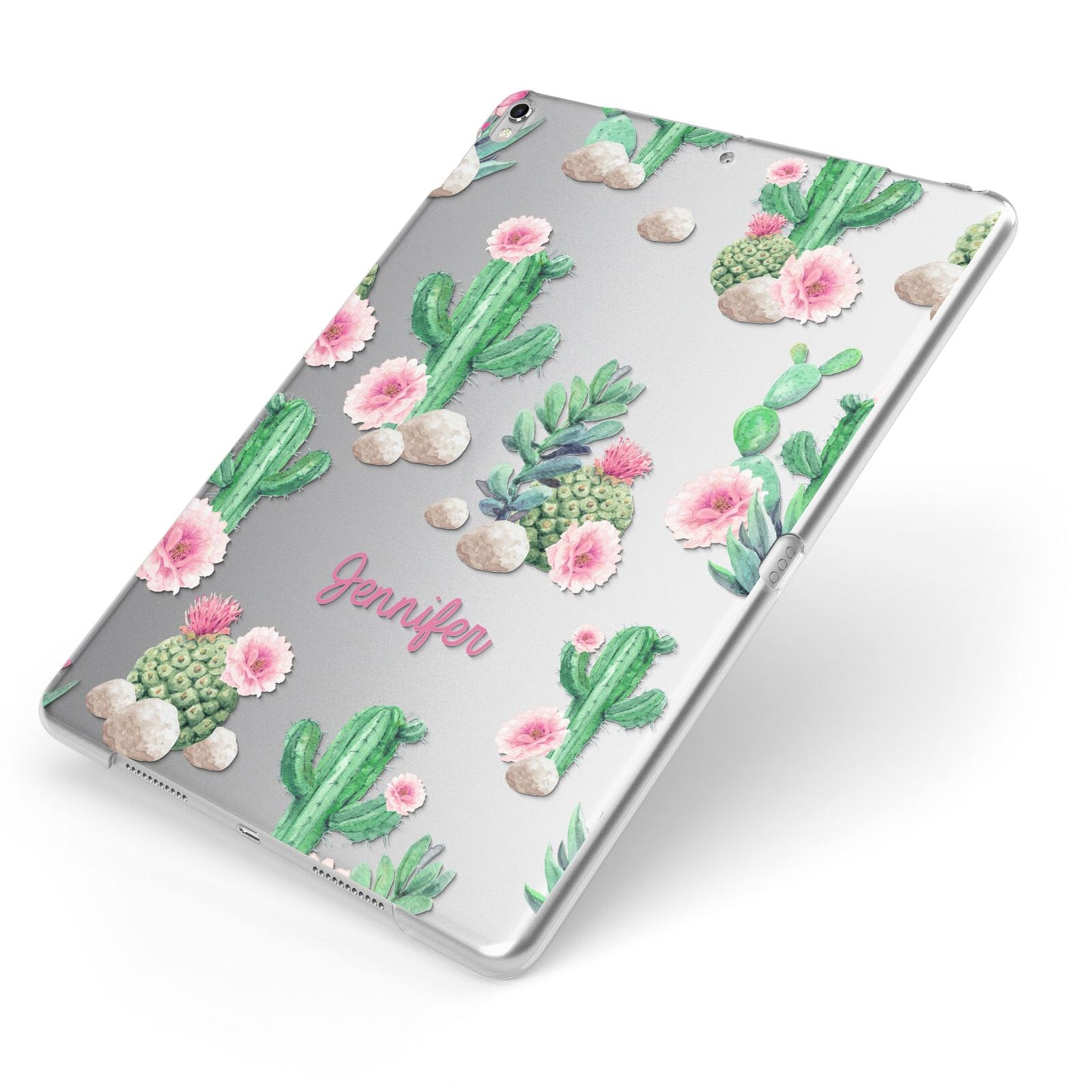 Floral Cactus Print with Name Apple iPad Case on Silver iPad Side View