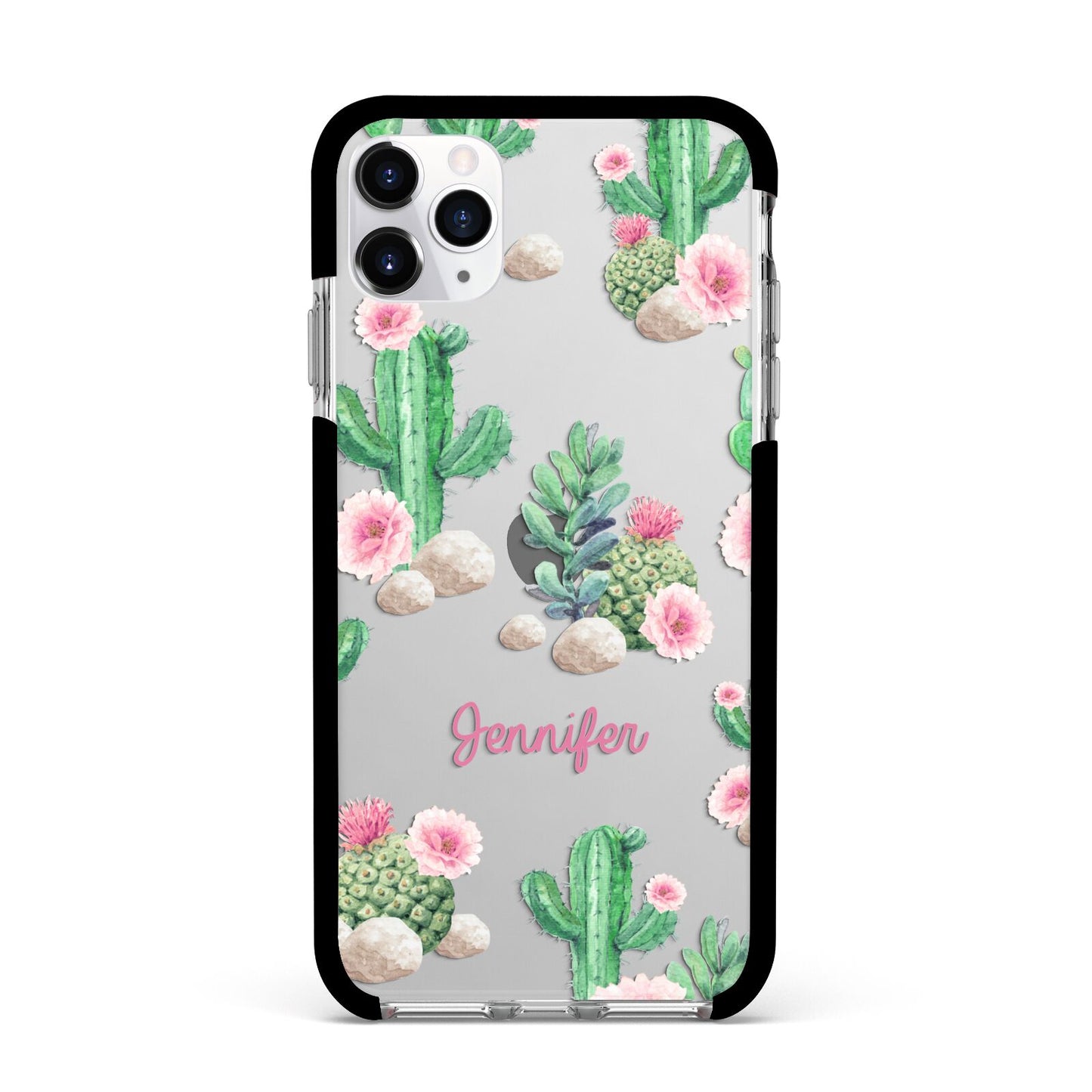 Floral Cactus Print with Name Apple iPhone 11 Pro Max in Silver with Black Impact Case