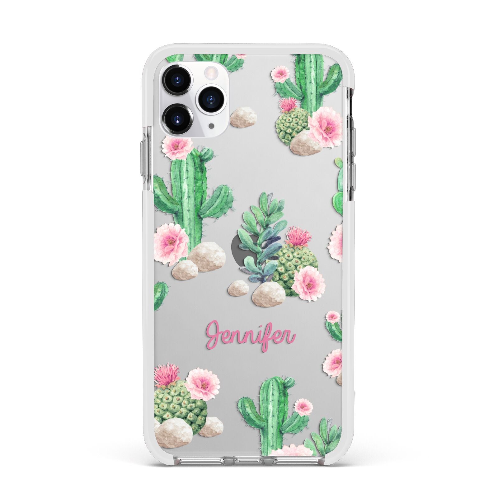 Floral Cactus Print with Name Apple iPhone 11 Pro Max in Silver with White Impact Case