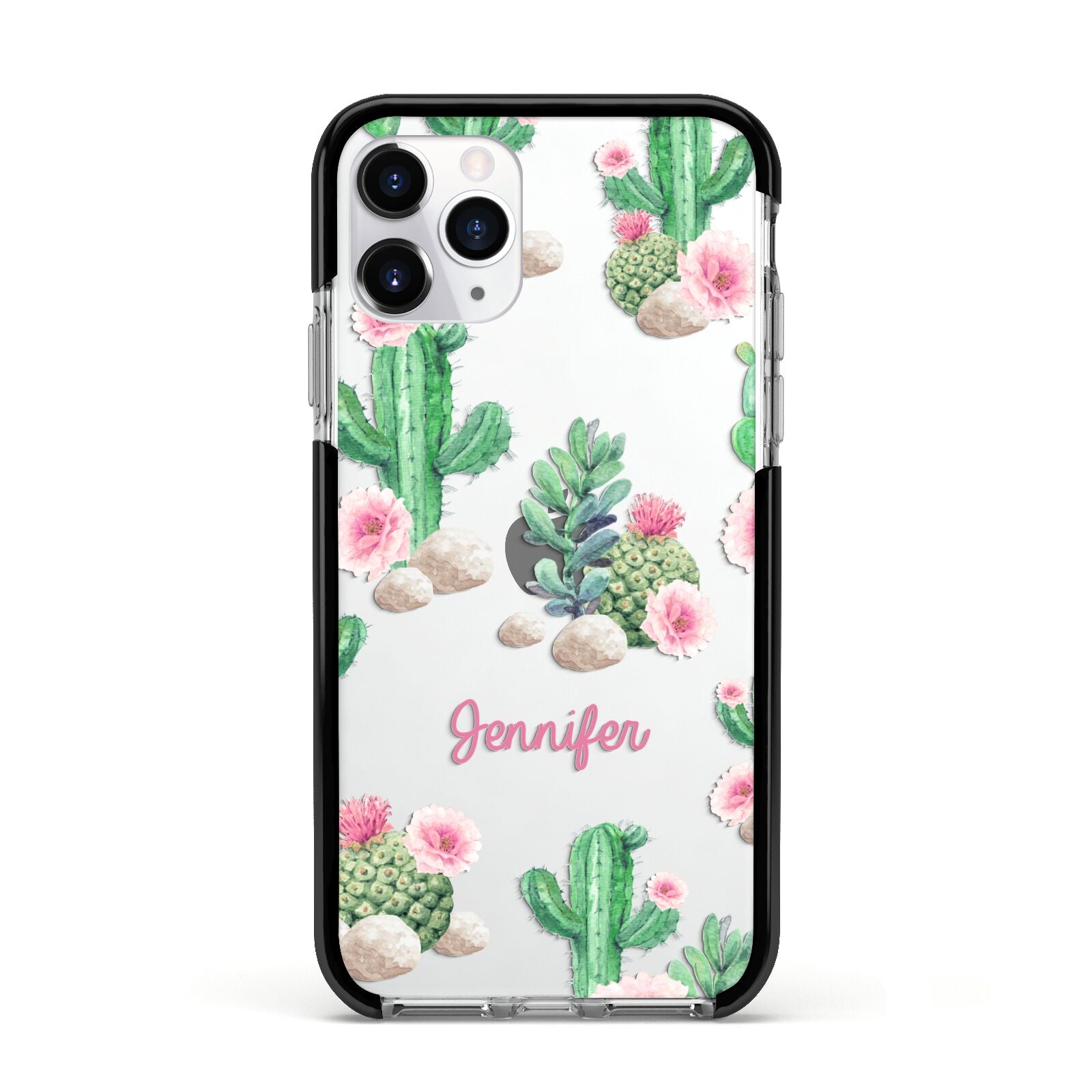 Floral Cactus Print with Name Apple iPhone 11 Pro in Silver with Black Impact Case