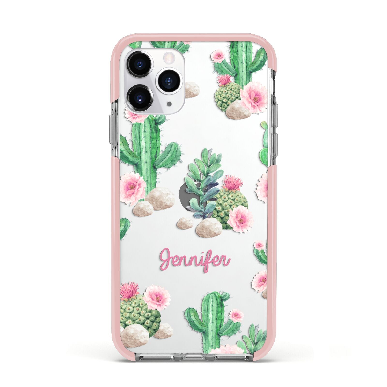 Floral Cactus Print with Name Apple iPhone 11 Pro in Silver with Pink Impact Case