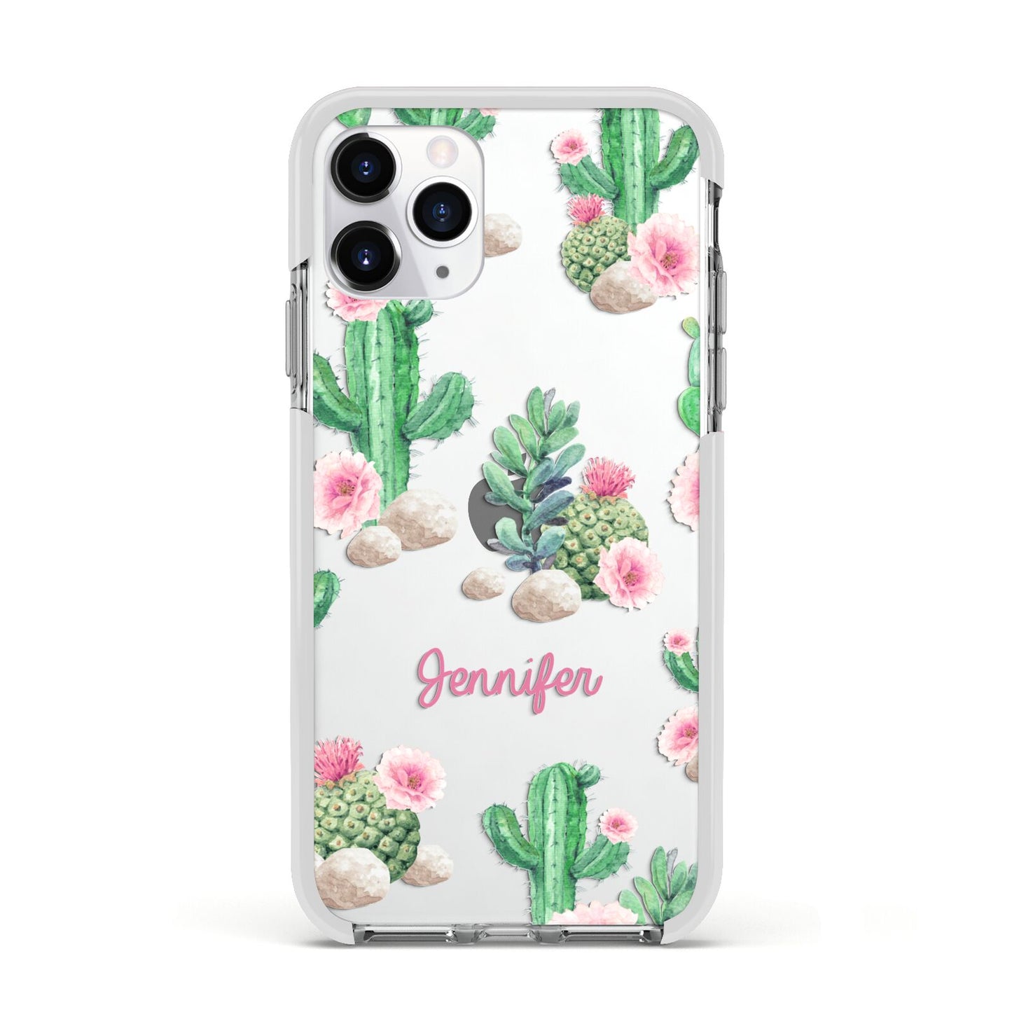 Floral Cactus Print with Name Apple iPhone 11 Pro in Silver with White Impact Case