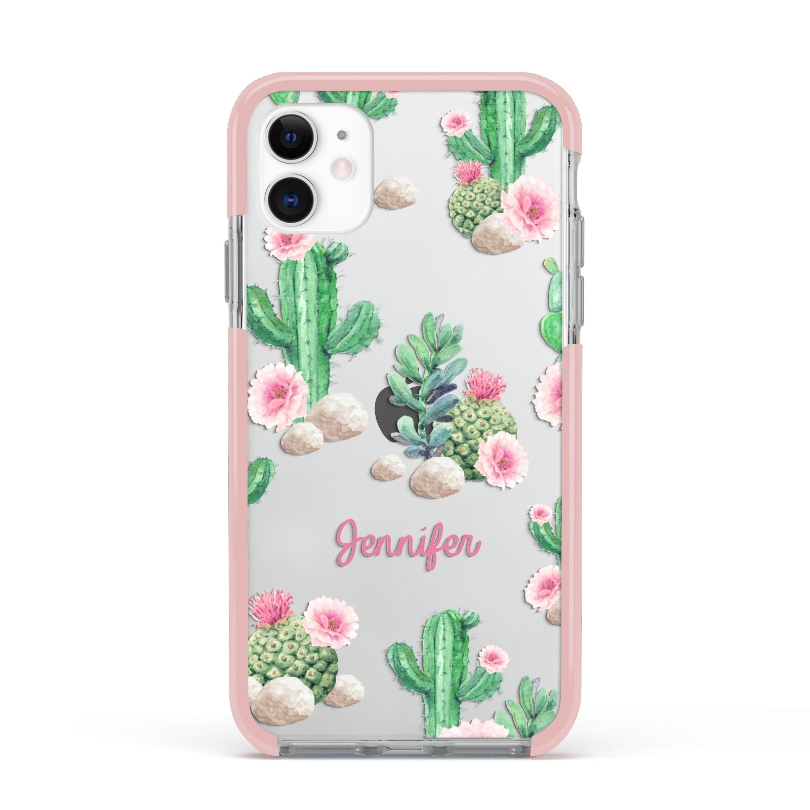 Floral Cactus Print with Name Apple iPhone 11 in White with Pink Impact Case