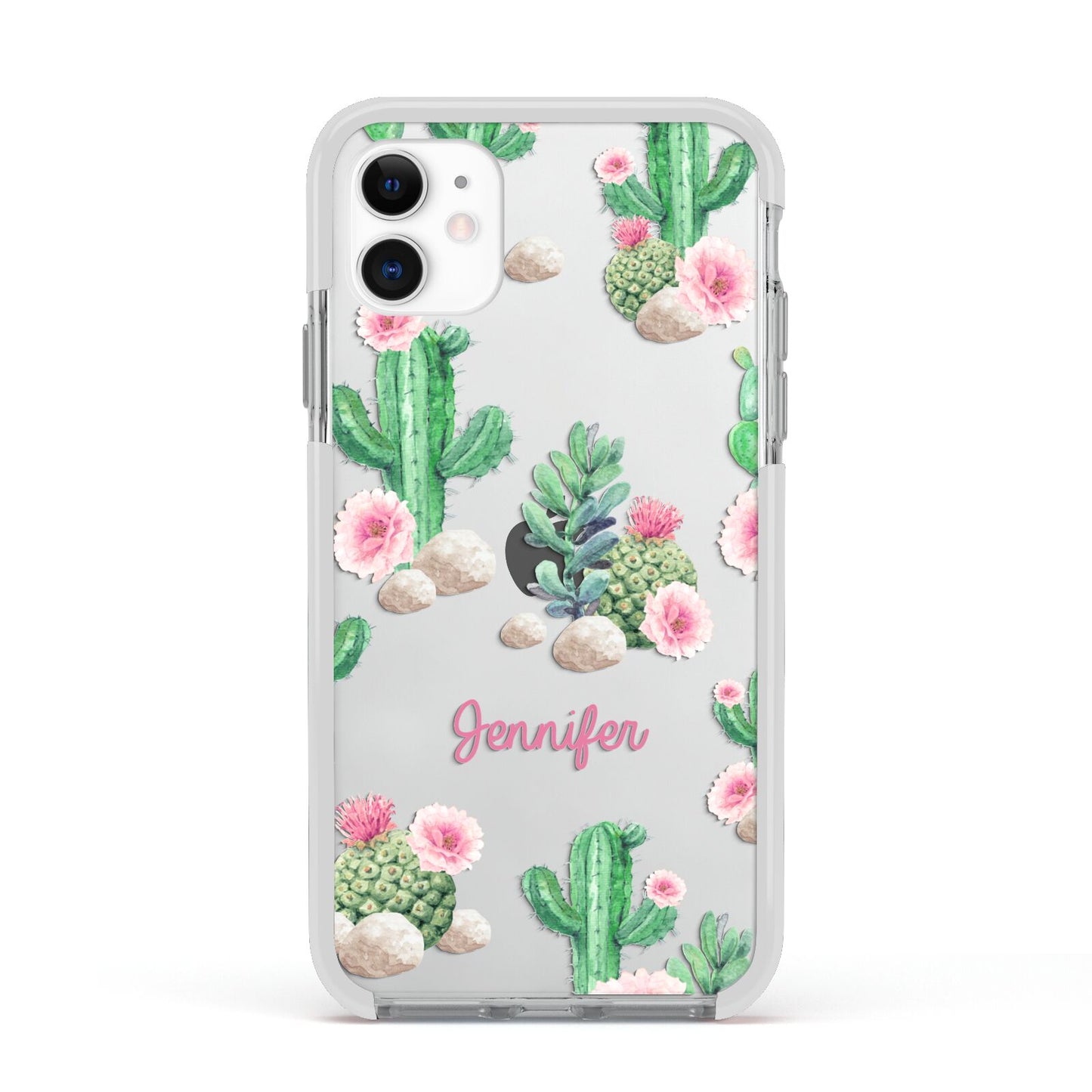 Floral Cactus Print with Name Apple iPhone 11 in White with White Impact Case