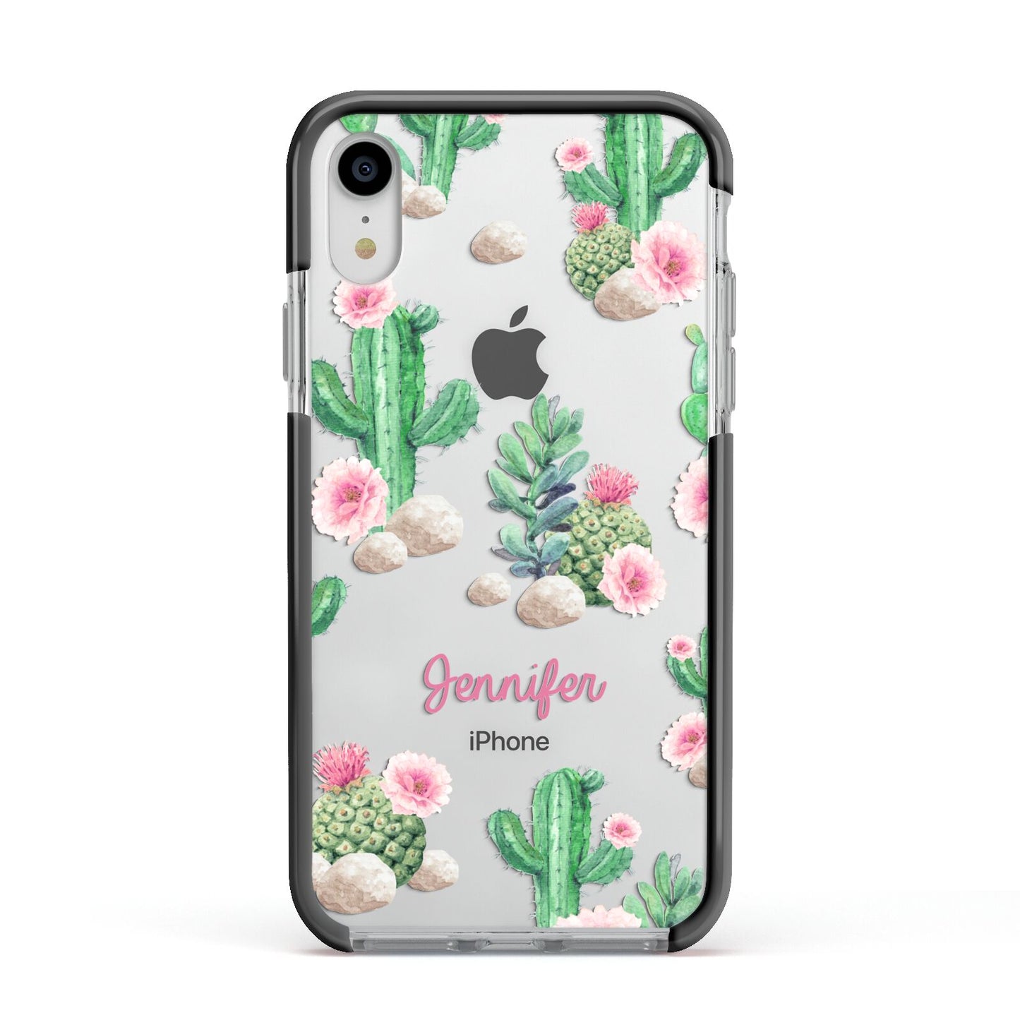 Floral Cactus Print with Name Apple iPhone XR Impact Case Black Edge on Silver Phone