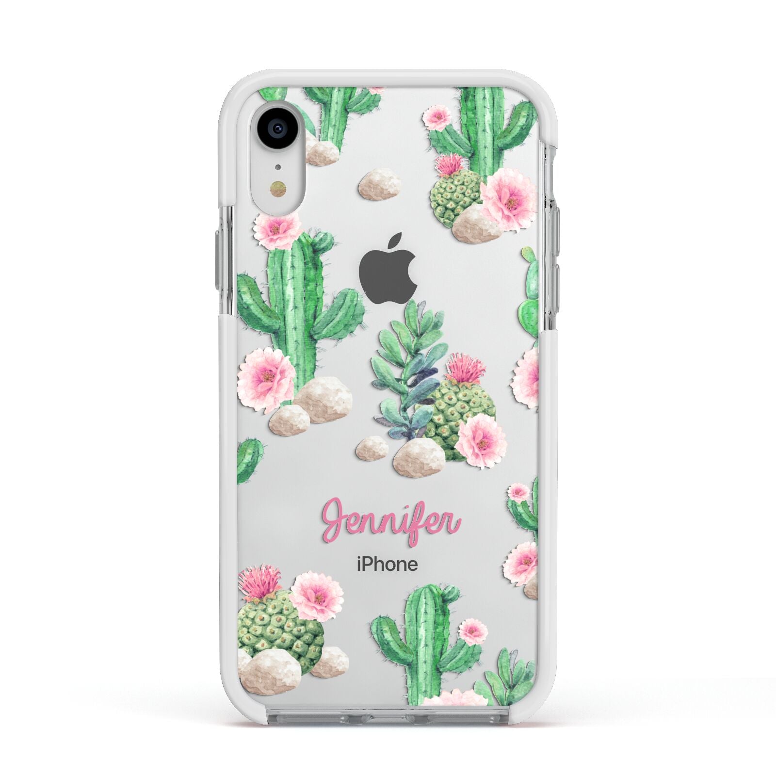 Floral Cactus Print with Name Apple iPhone XR Impact Case White Edge on Silver Phone