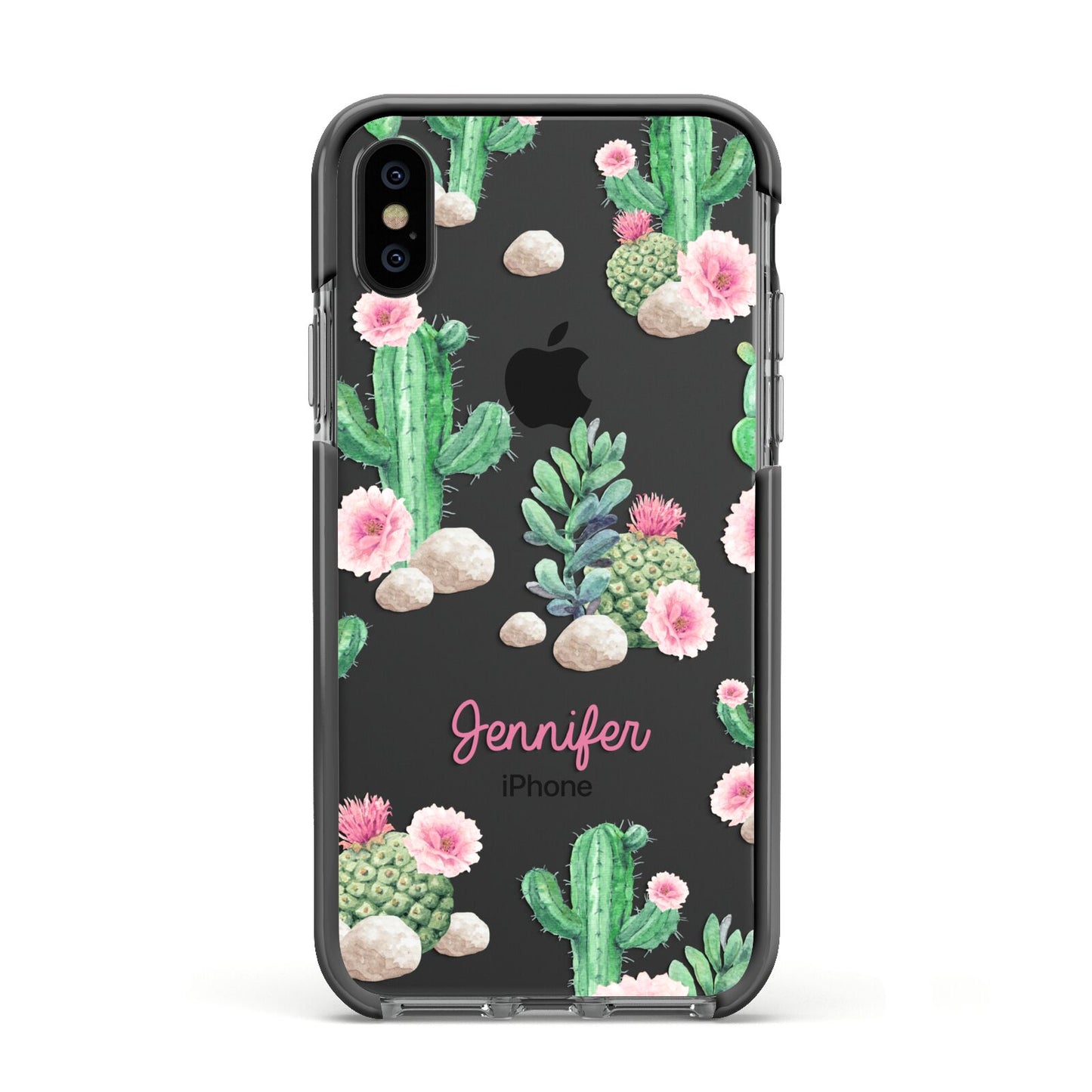 Floral Cactus Print with Name Apple iPhone Xs Impact Case Black Edge on Black Phone