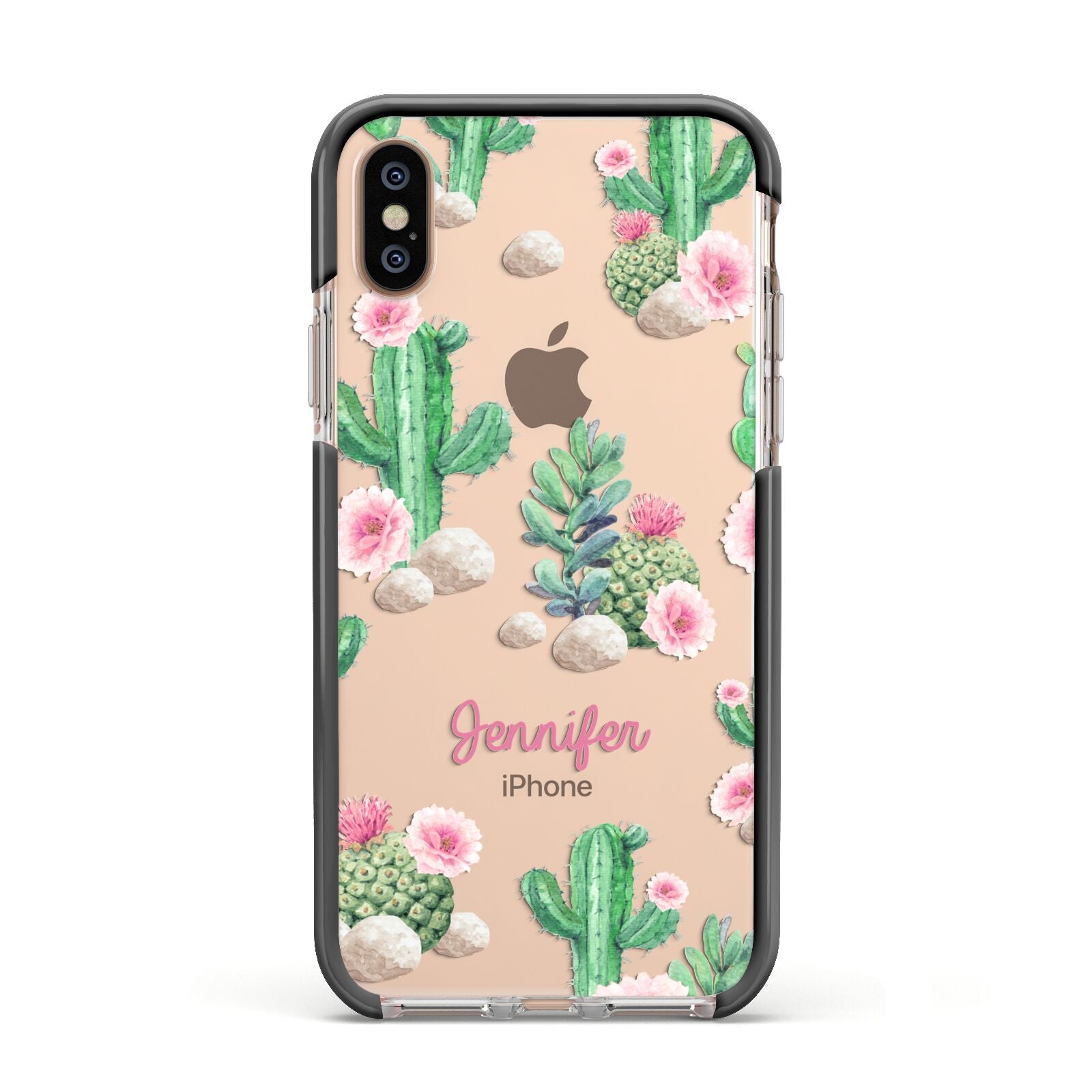 Floral Cactus Print with Name Apple iPhone Xs Impact Case Black Edge on Gold Phone