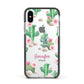 Floral Cactus Print with Name Apple iPhone Xs Impact Case Black Edge on Silver Phone