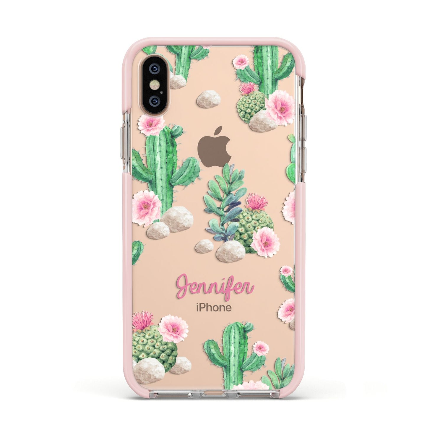 Floral Cactus Print with Name Apple iPhone Xs Impact Case Pink Edge on Gold Phone