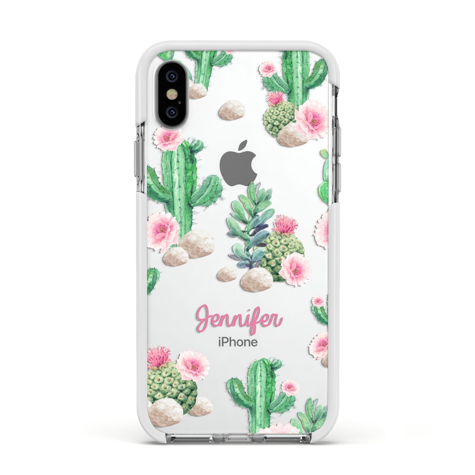 Floral Cactus Print with Name Apple iPhone Xs Impact Case White Edge on Silver Phone