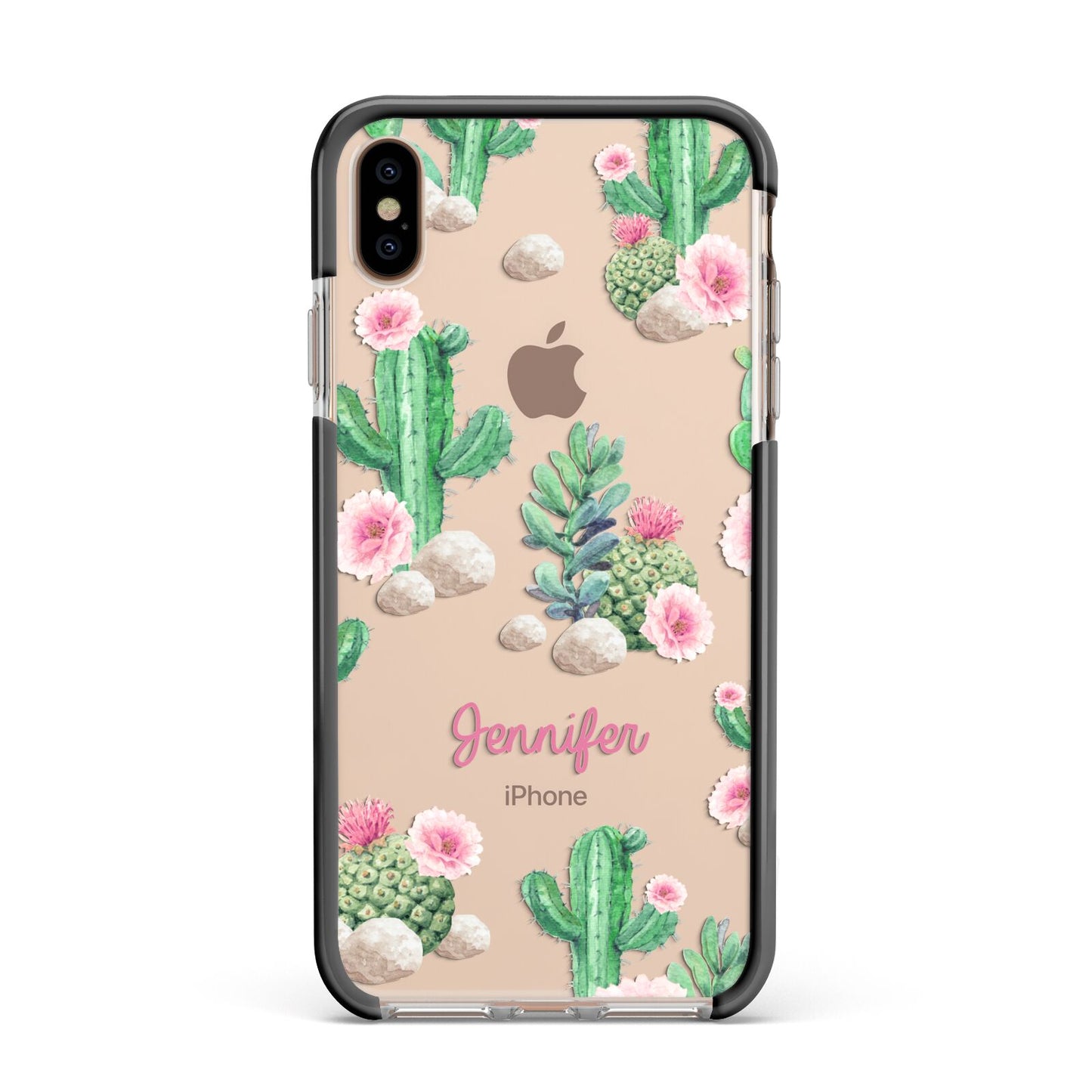 Floral Cactus Print with Name Apple iPhone Xs Max Impact Case Black Edge on Gold Phone