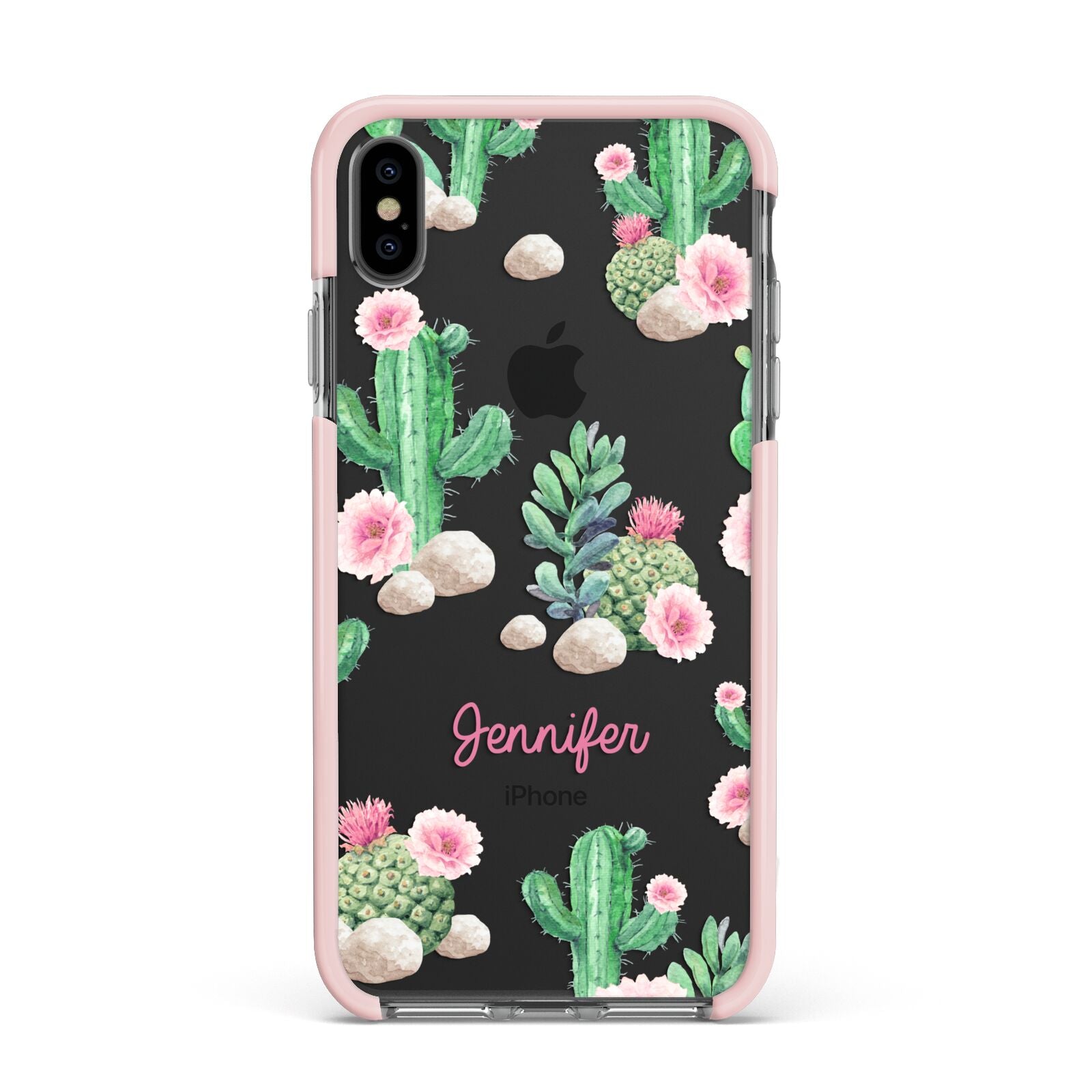 Floral Cactus Print with Name Apple iPhone Xs Max Impact Case Pink Edge on Black Phone