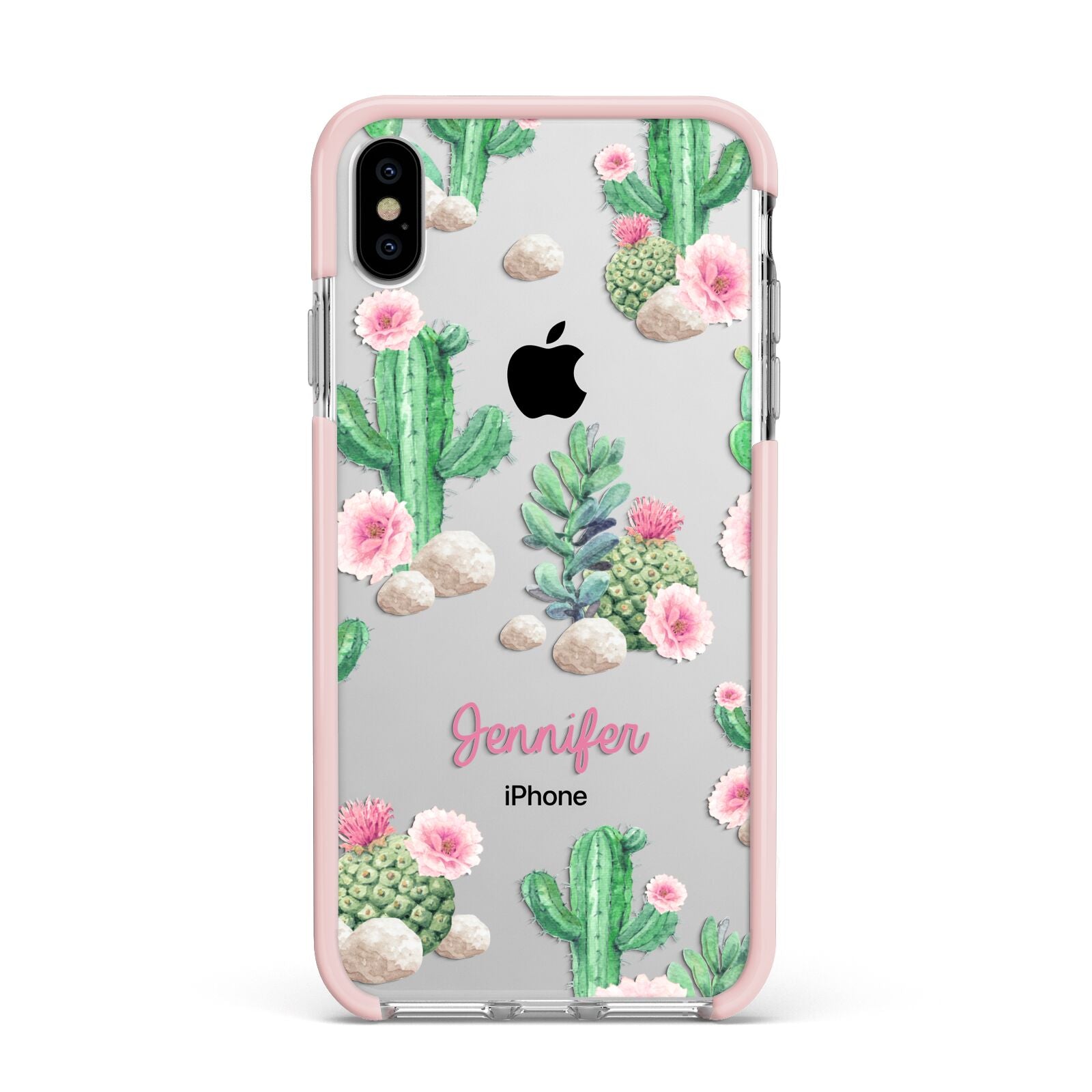 Floral Cactus Print with Name Apple iPhone Xs Max Impact Case Pink Edge on Silver Phone