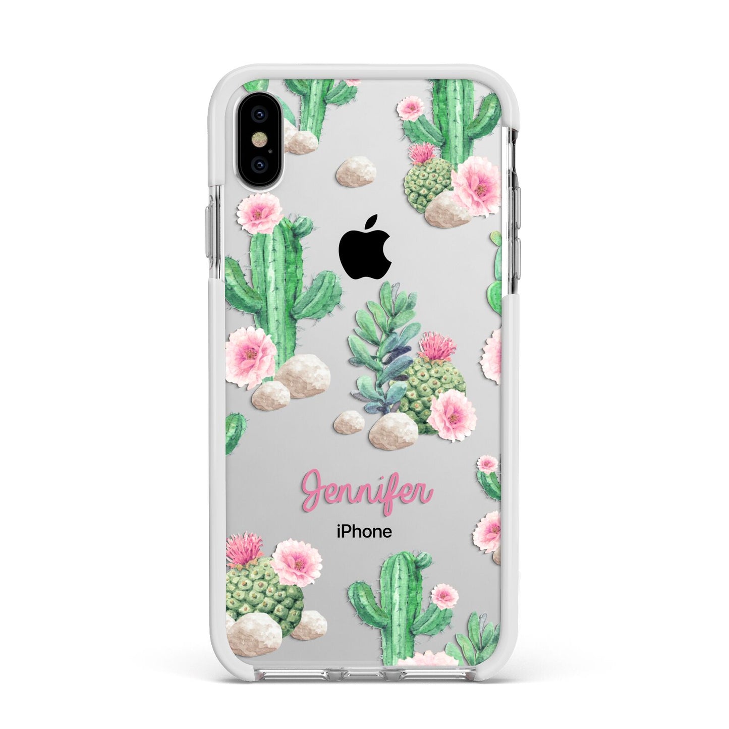 Floral Cactus Print with Name Apple iPhone Xs Max Impact Case White Edge on Silver Phone