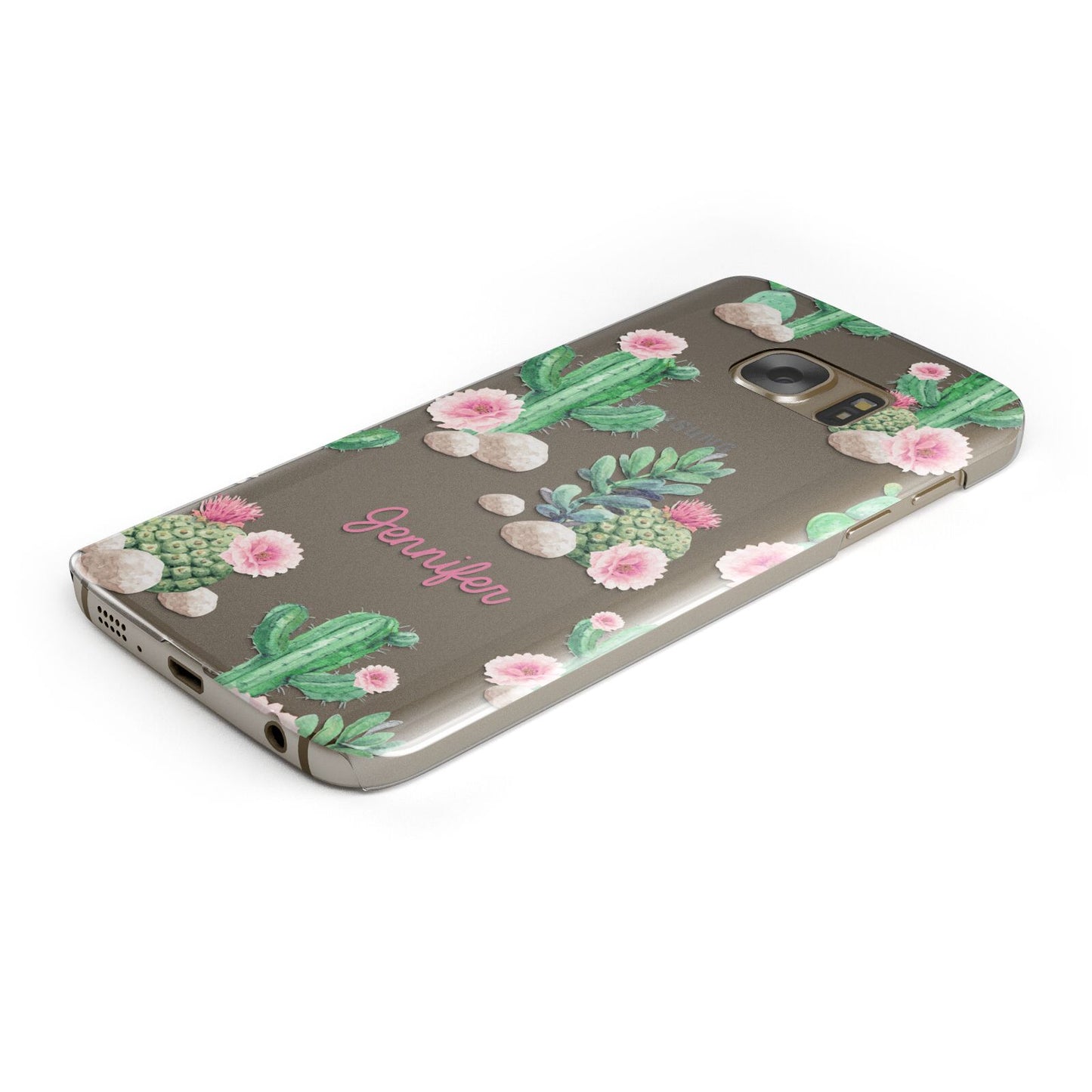 Floral Cactus Print with Name Protective Samsung Galaxy Case Angled Image