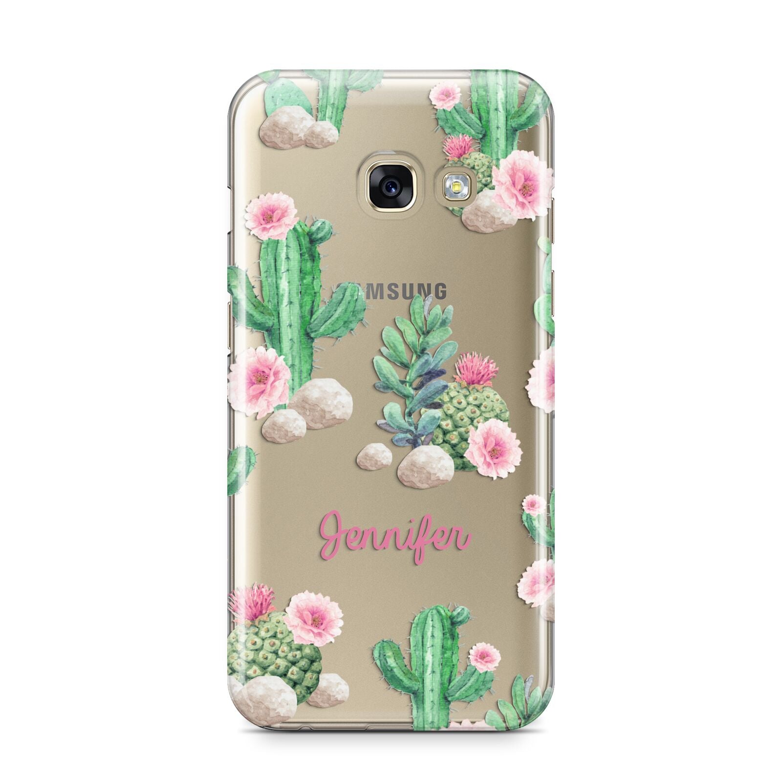 Floral Cactus Print with Name Samsung Galaxy A3 2017 Case on gold phone