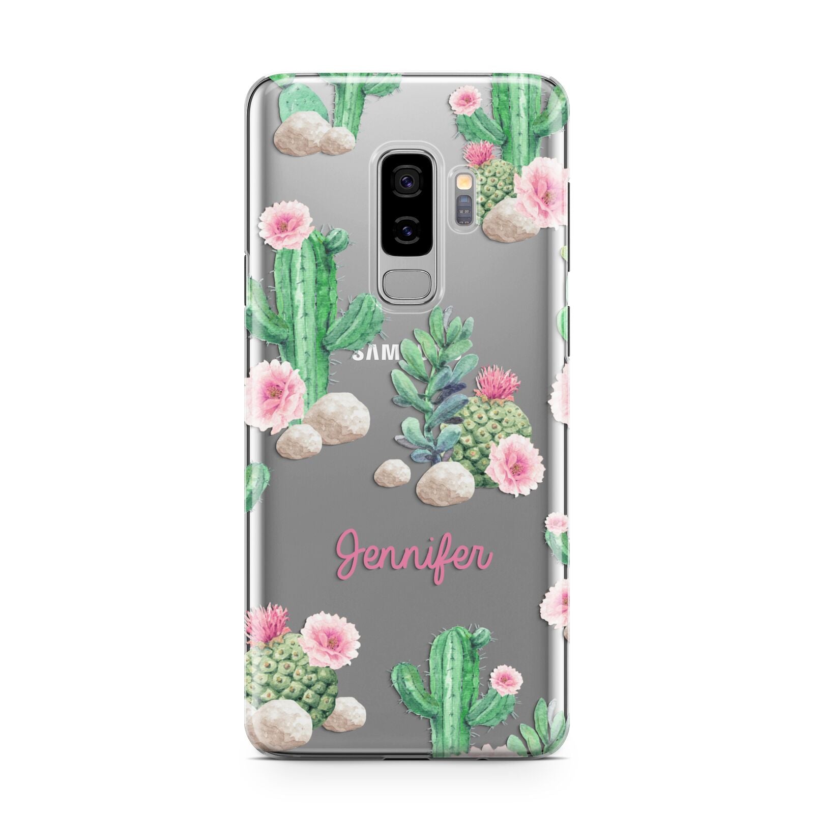 Floral Cactus Print with Name Samsung Galaxy S9 Plus Case on Silver phone