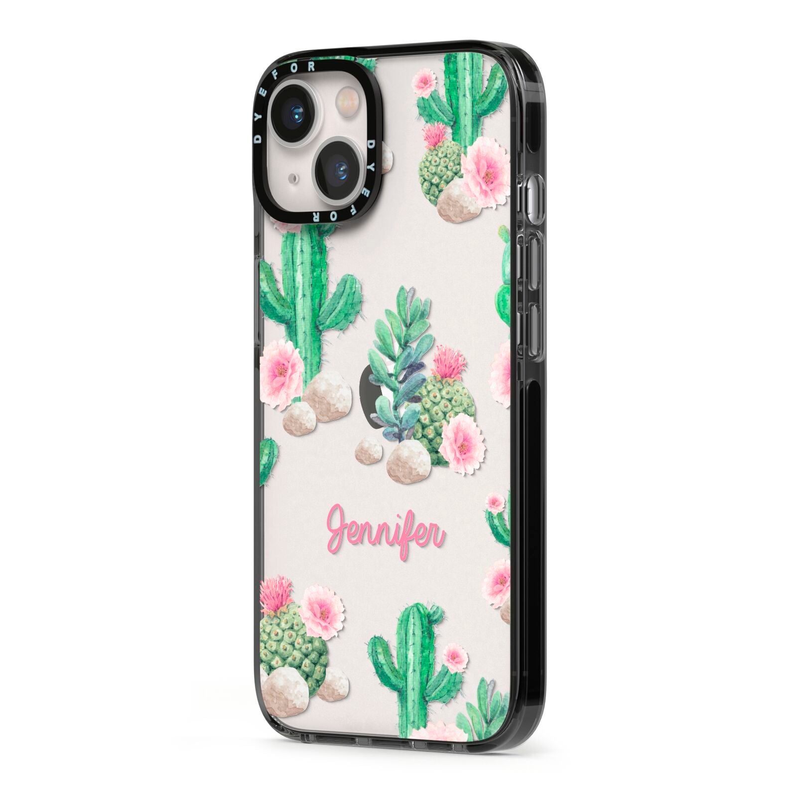 Floral Cactus Print with Name iPhone 13 Black Impact Case Side Angle on Silver phone