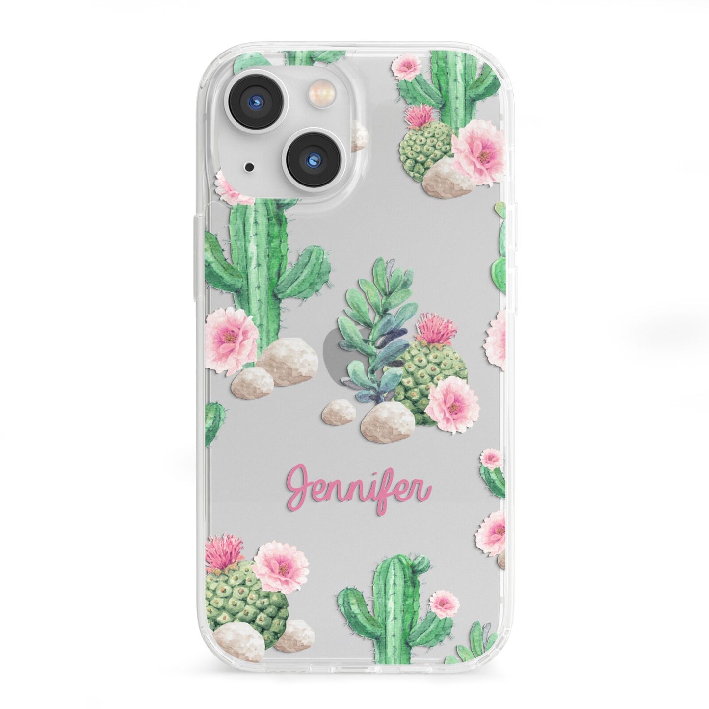 Floral Cactus Print with Name iPhone 13 Mini Clear Bumper Case