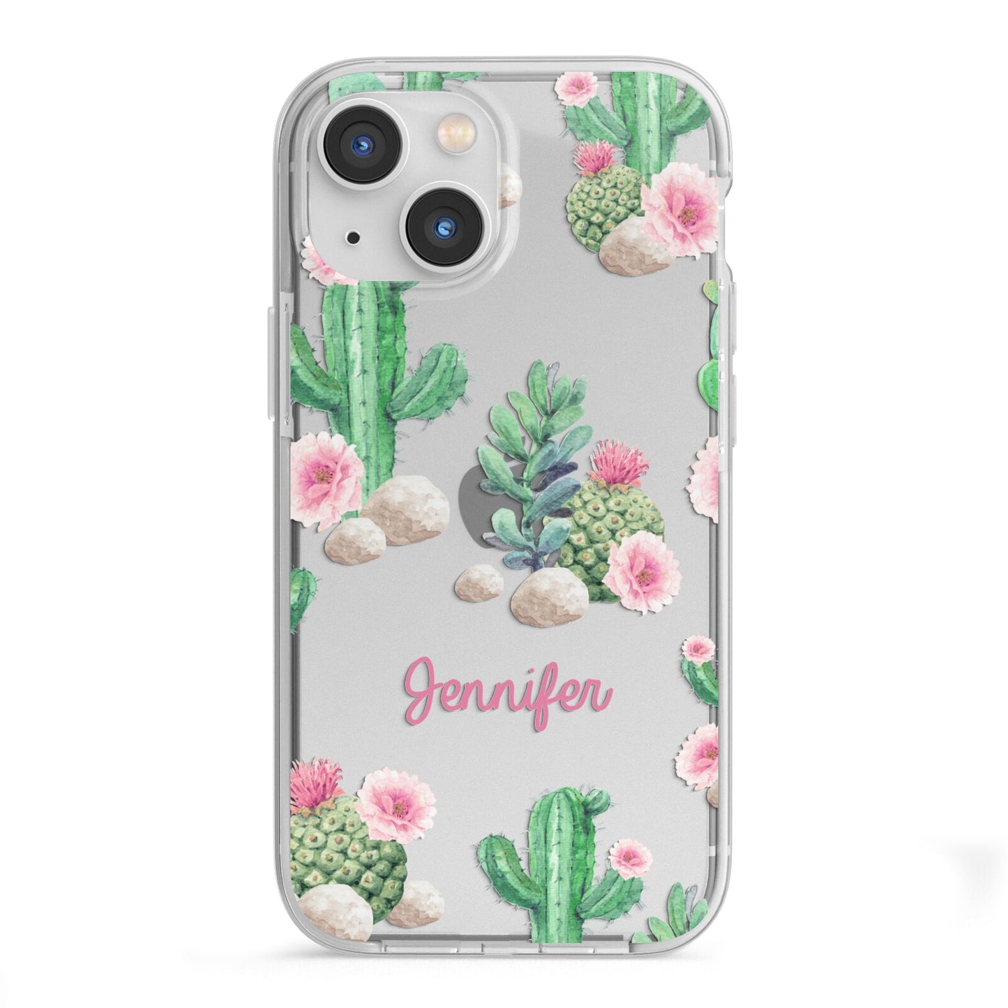 Floral Cactus Print with Name iPhone 13 Mini TPU Impact Case with White Edges