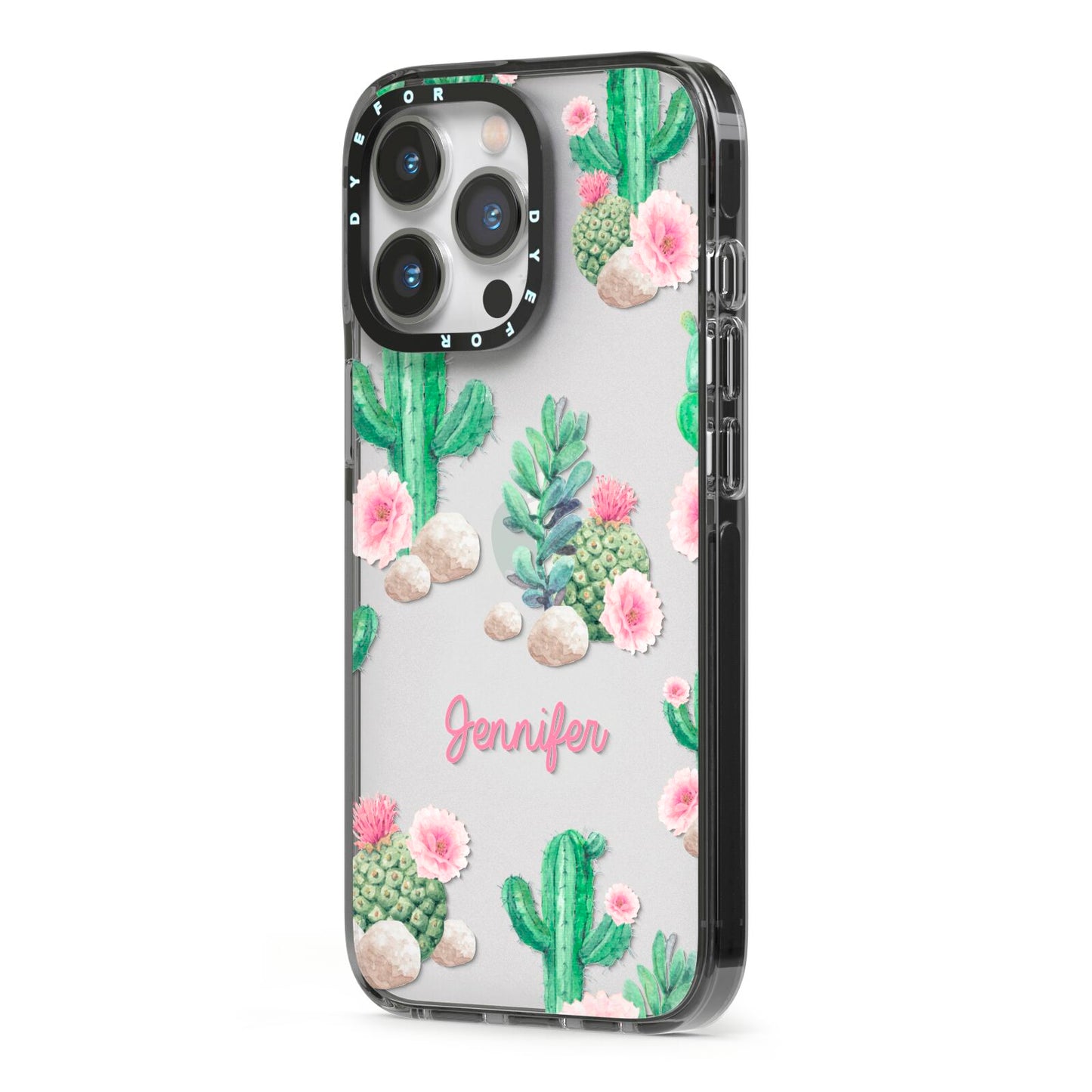 Floral Cactus Print with Name iPhone 13 Pro Black Impact Case Side Angle on Silver phone