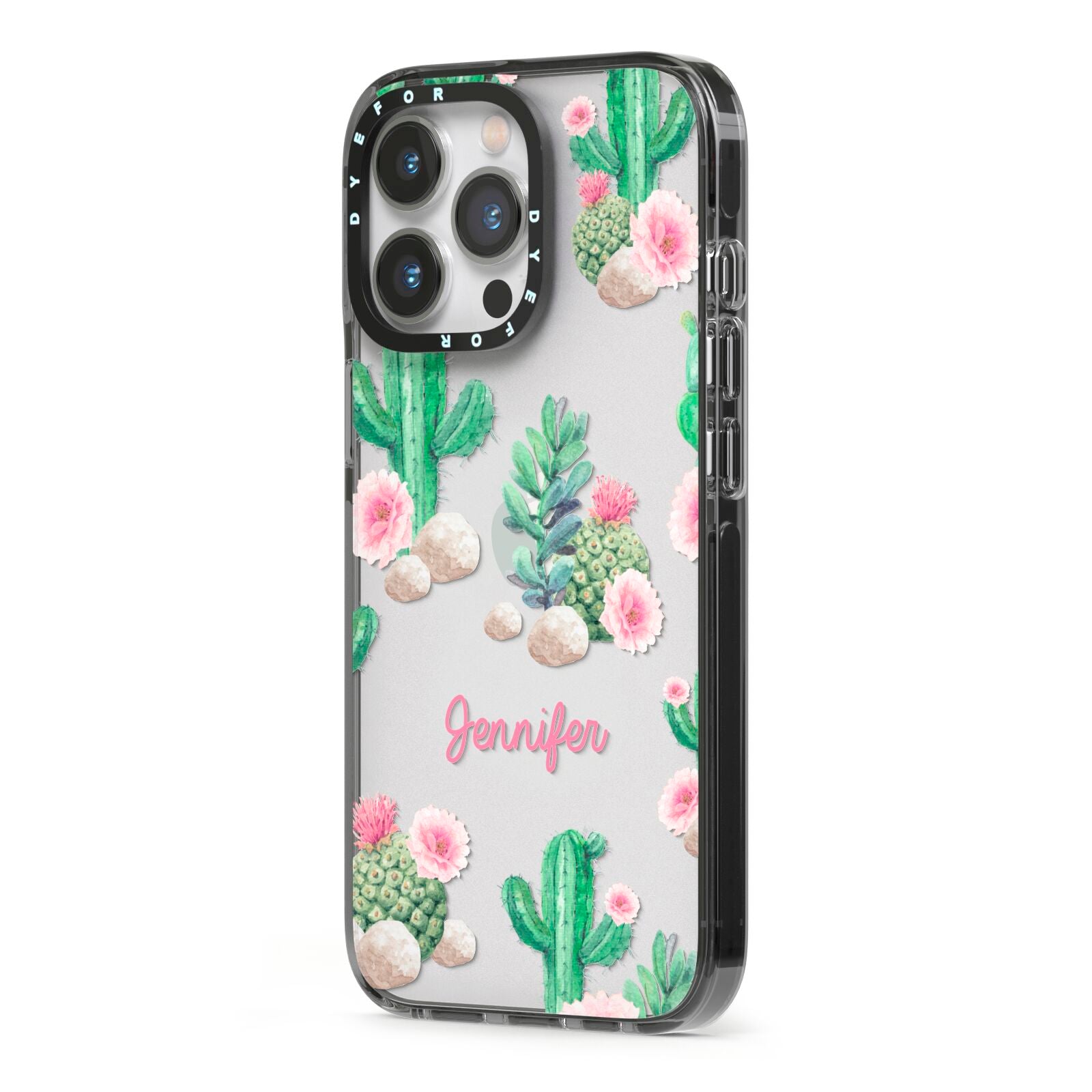 Floral Cactus Print with Name iPhone 13 Pro Black Impact Case Side Angle on Silver phone