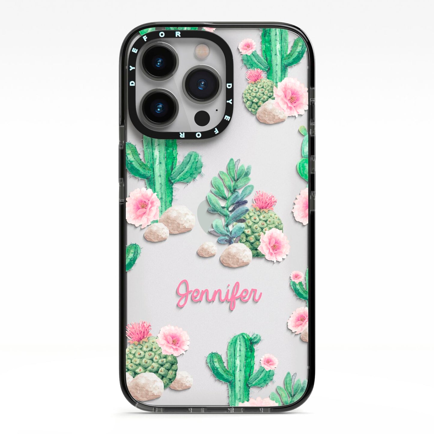 Floral Cactus Print with Name iPhone 13 Pro Black Impact Case on Silver phone