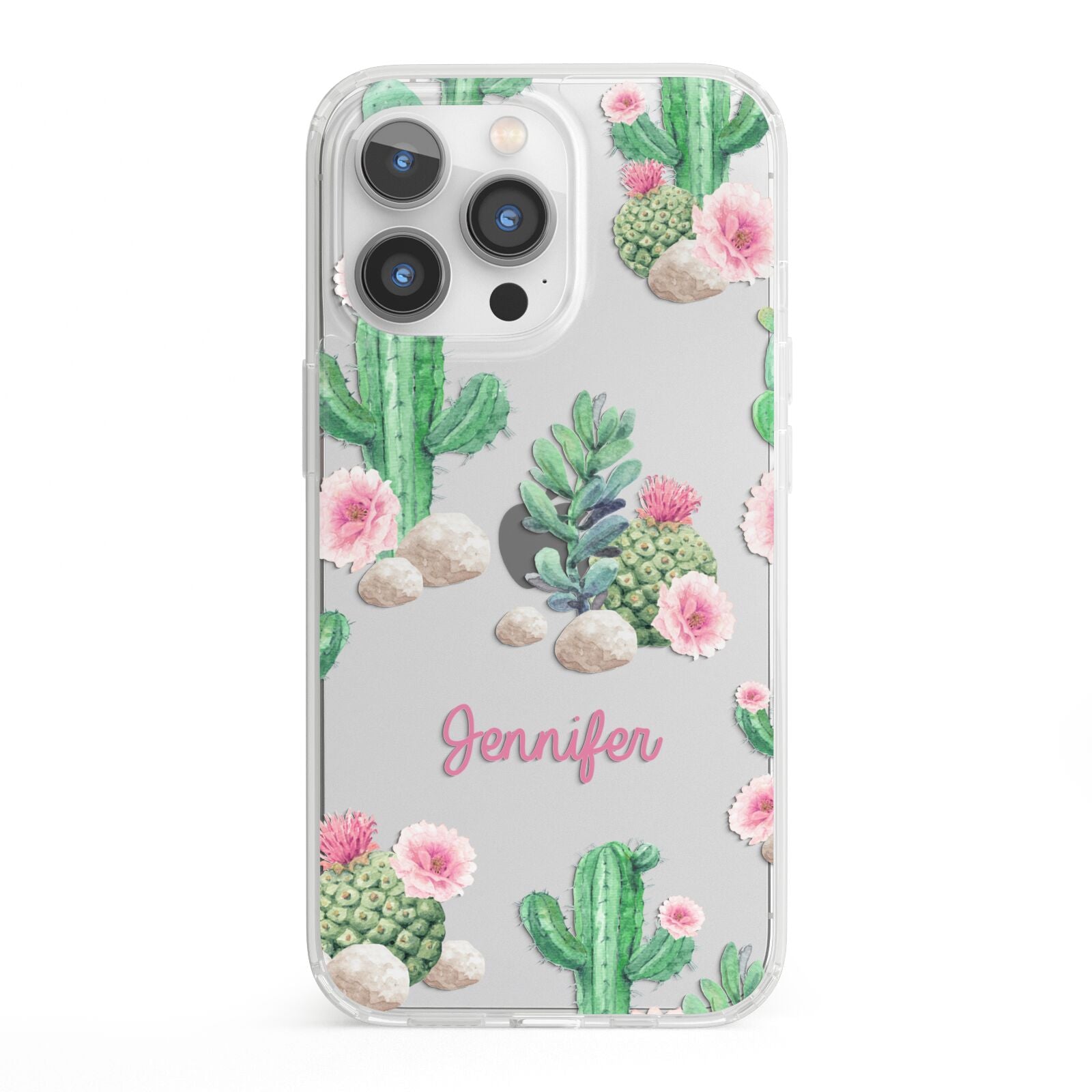 Floral Cactus Print with Name iPhone 13 Pro Clear Bumper Case