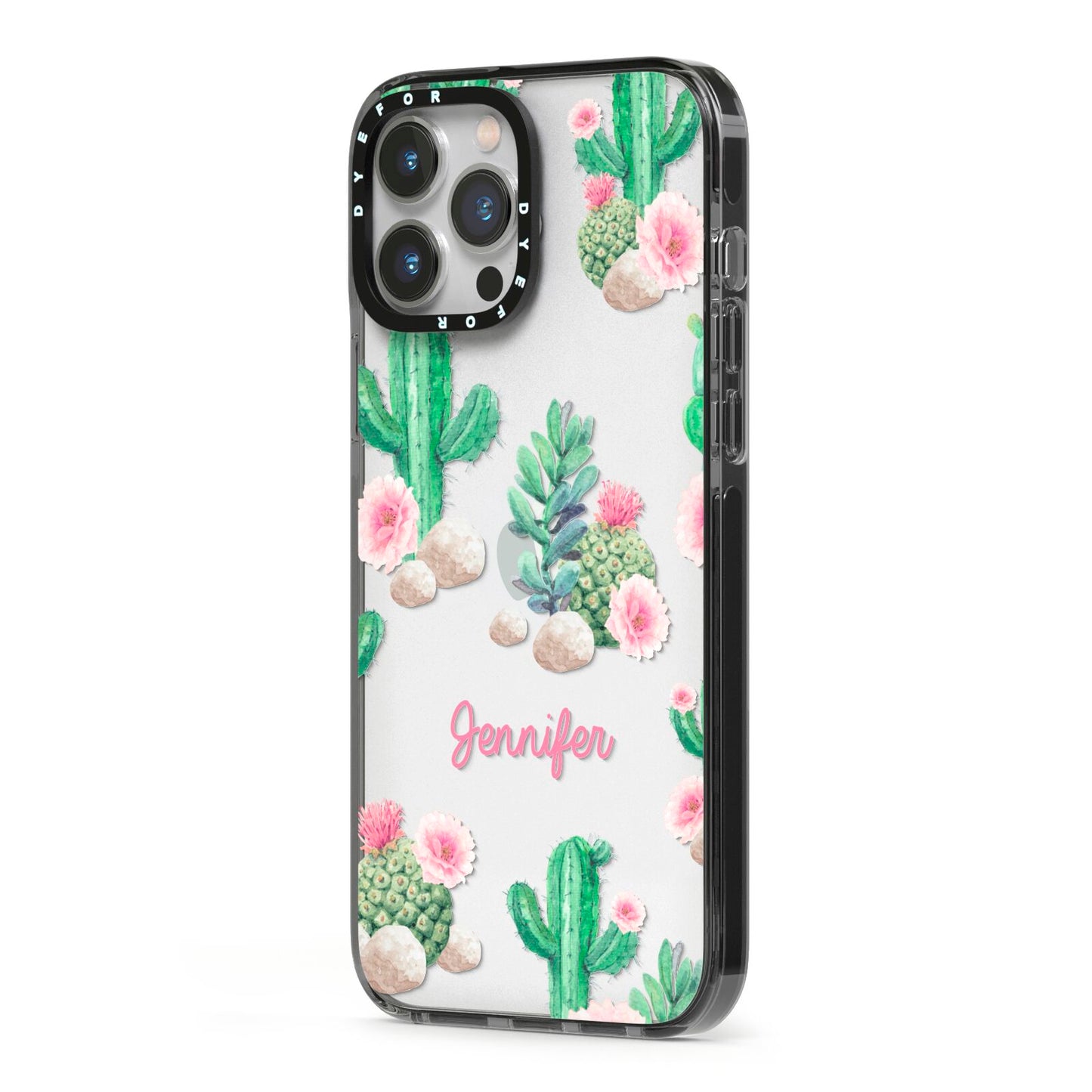 Floral Cactus Print with Name iPhone 13 Pro Max Black Impact Case Side Angle on Silver phone