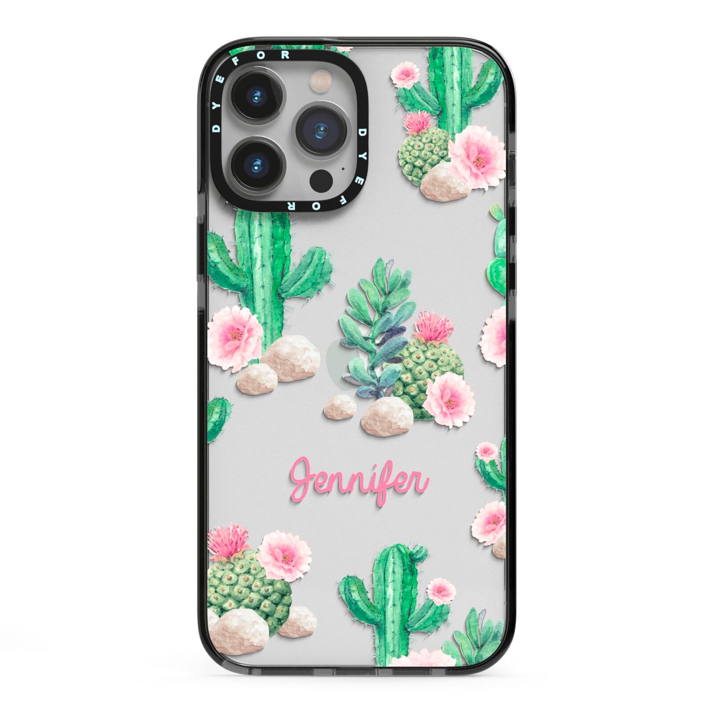 Floral Cactus Print with Name iPhone 13 Pro Max Black Impact Case on Silver phone