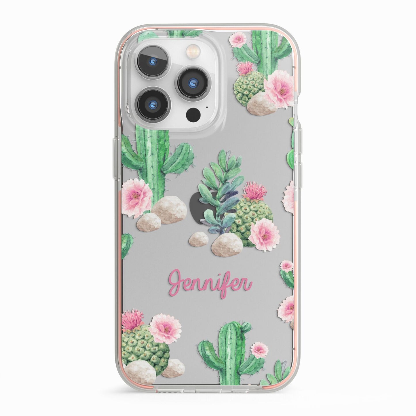 Floral Cactus Print with Name iPhone 13 Pro TPU Impact Case with Pink Edges