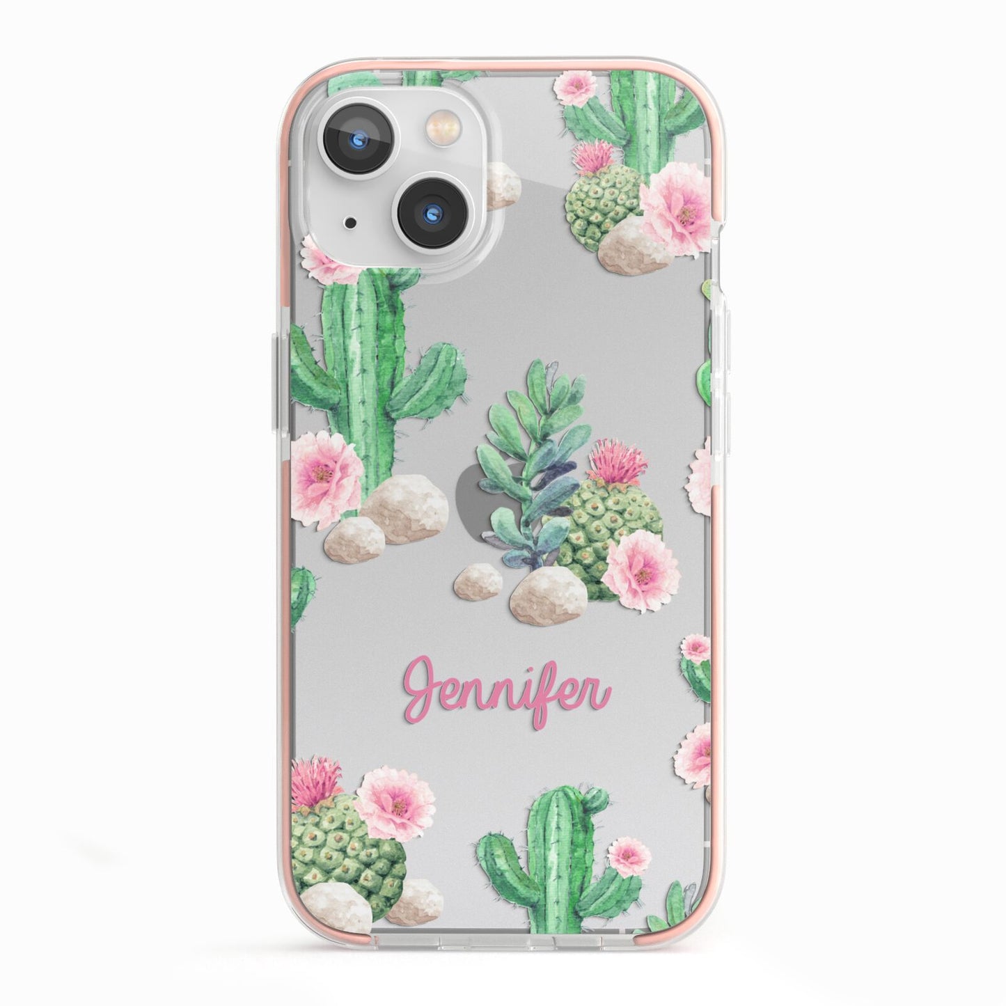 Floral Cactus Print with Name iPhone 13 TPU Impact Case with Pink Edges