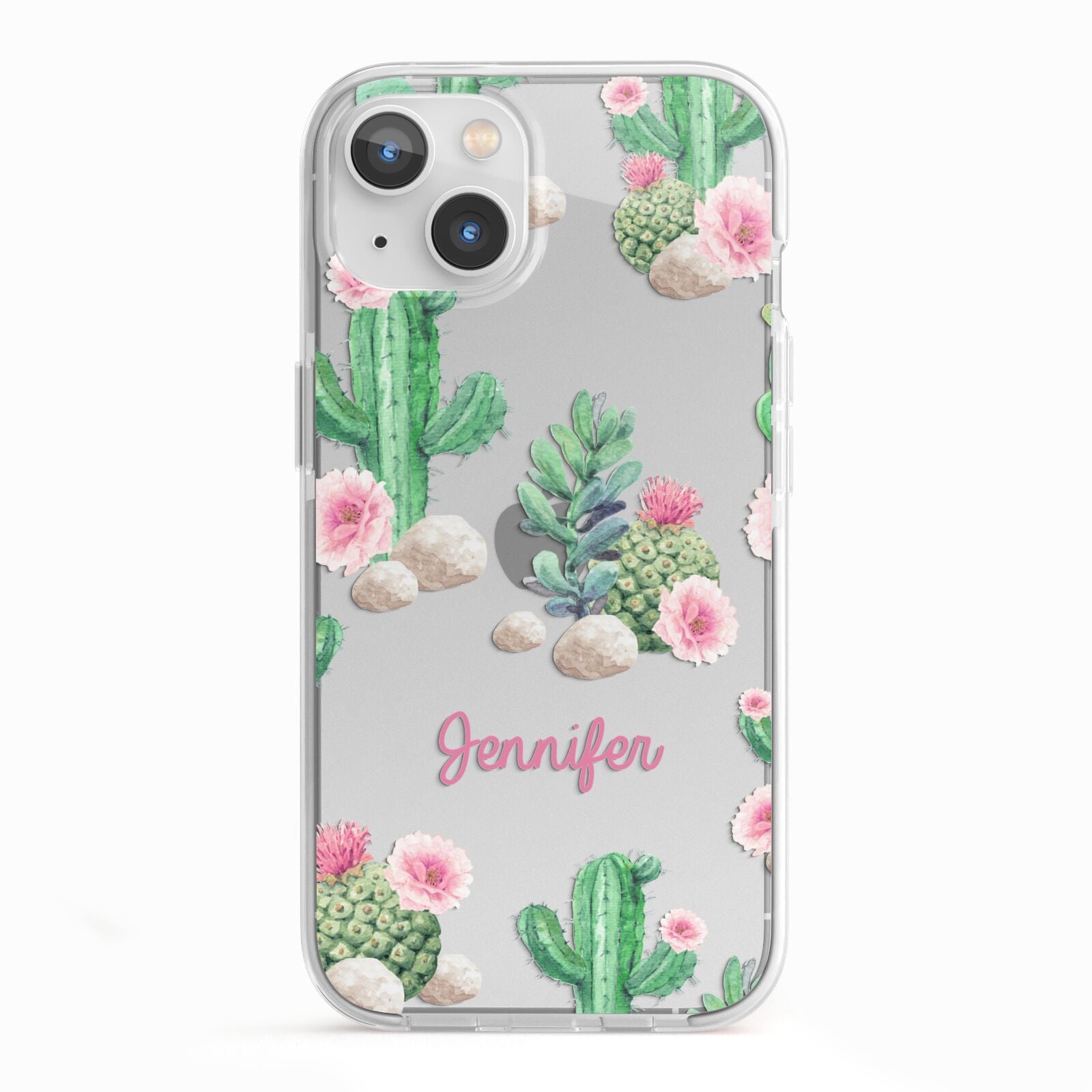 Floral Cactus Print with Name iPhone 13 TPU Impact Case with White Edges