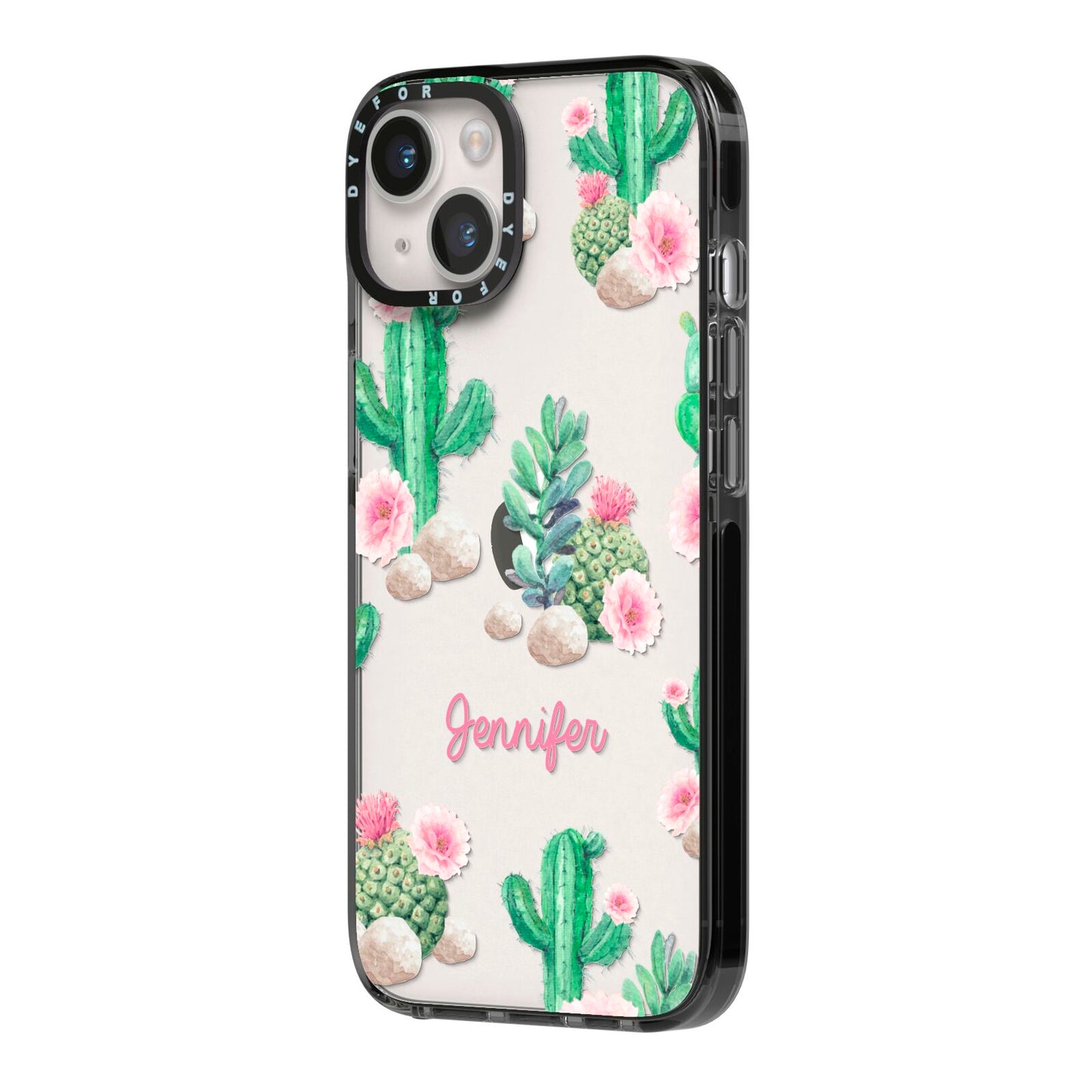 Floral Cactus Print with Name iPhone 14 Black Impact Case Side Angle on Silver phone