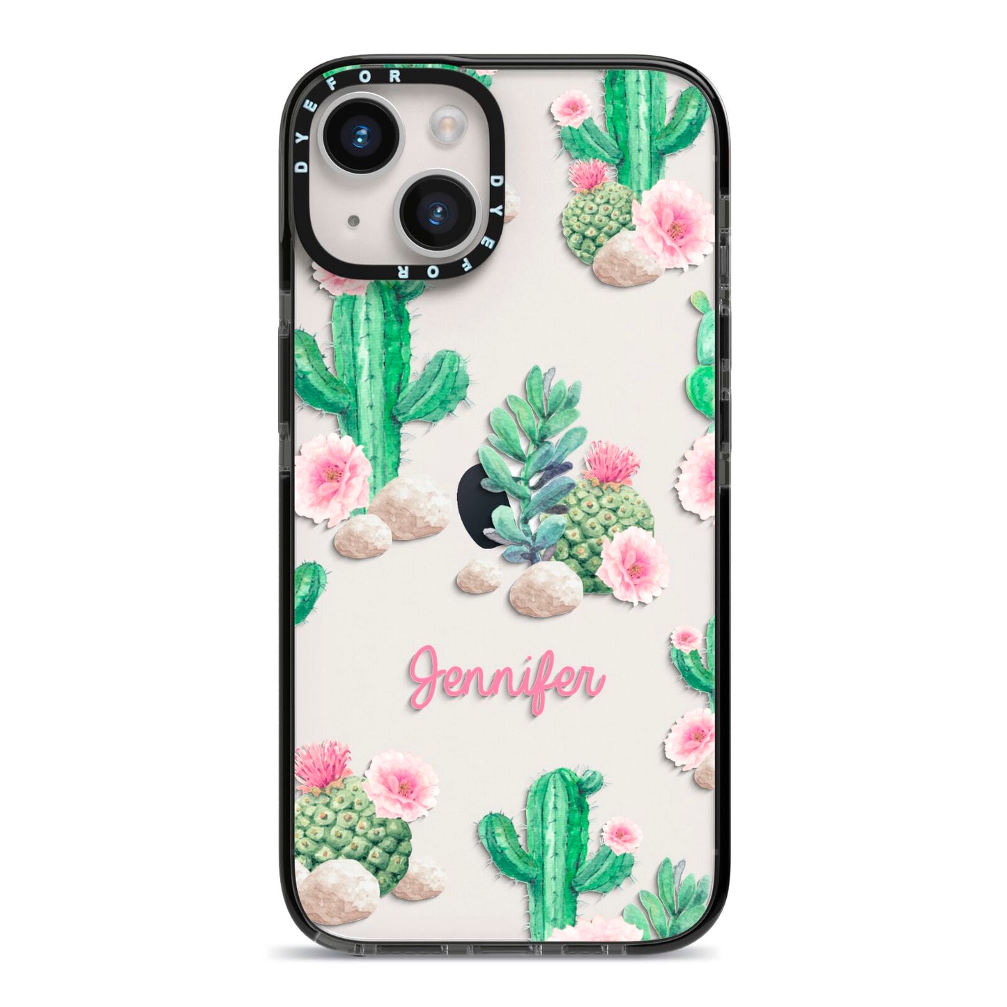 Floral Cactus Print with Name iPhone 14 Black Impact Case on Silver phone