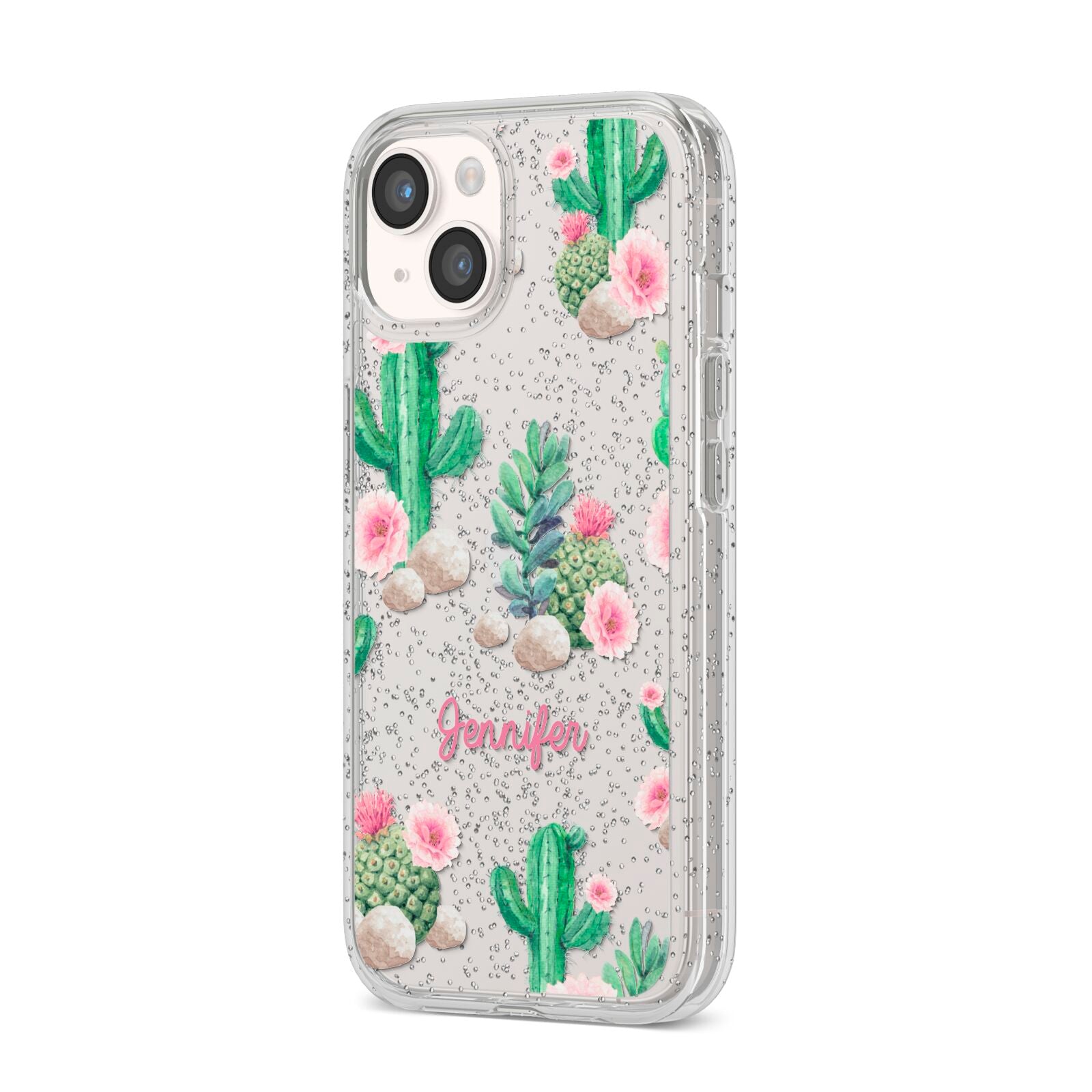 Floral Cactus Print with Name iPhone 14 Glitter Tough Case Starlight Angled Image