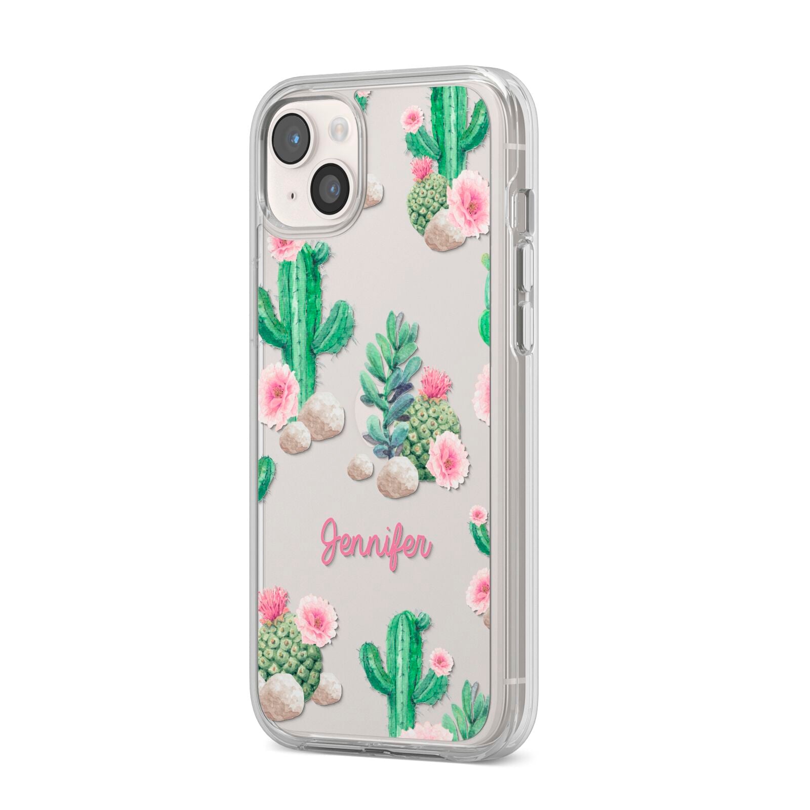 Floral Cactus Print with Name iPhone 14 Plus Clear Tough Case Starlight Angled Image