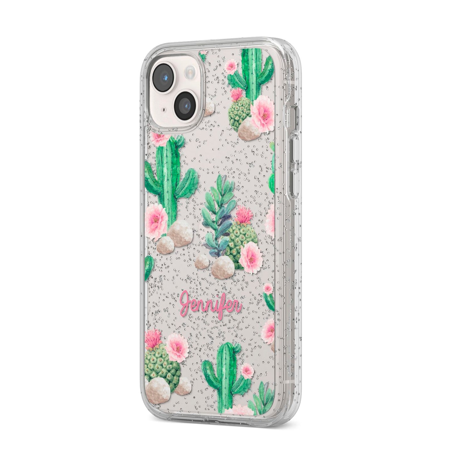 Floral Cactus Print with Name iPhone 14 Plus Glitter Tough Case Starlight Angled Image