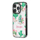 Floral Cactus Print with Name iPhone 14 Pro Black Impact Case Side Angle on Silver phone