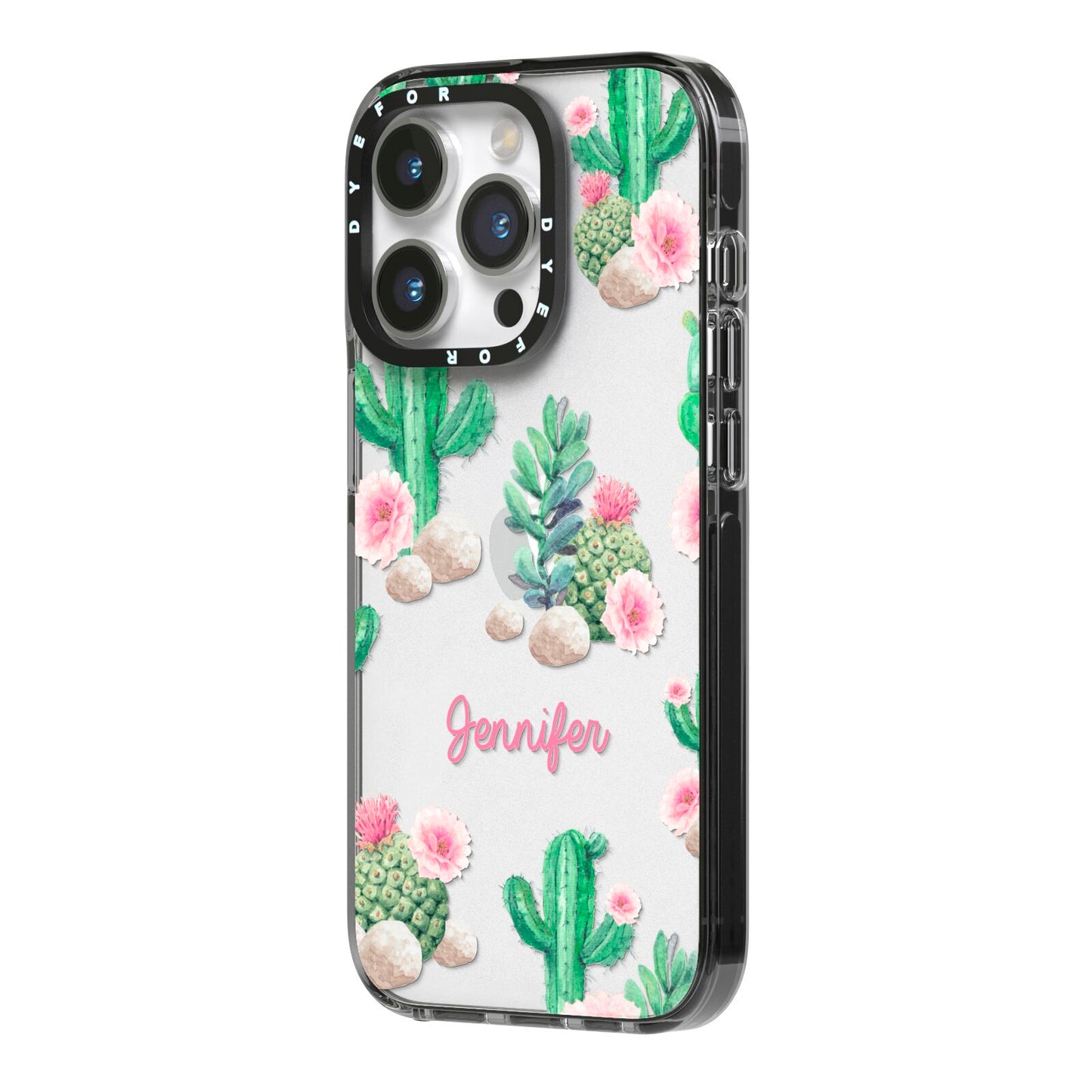 Floral Cactus Print with Name iPhone 14 Pro Black Impact Case Side Angle on Silver phone