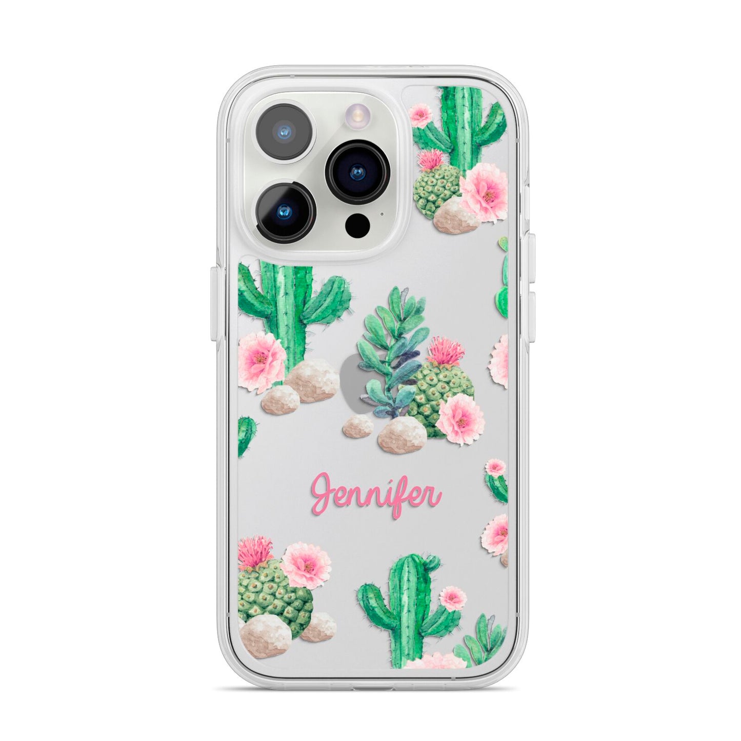 Floral Cactus Print with Name iPhone 14 Pro Clear Tough Case Silver