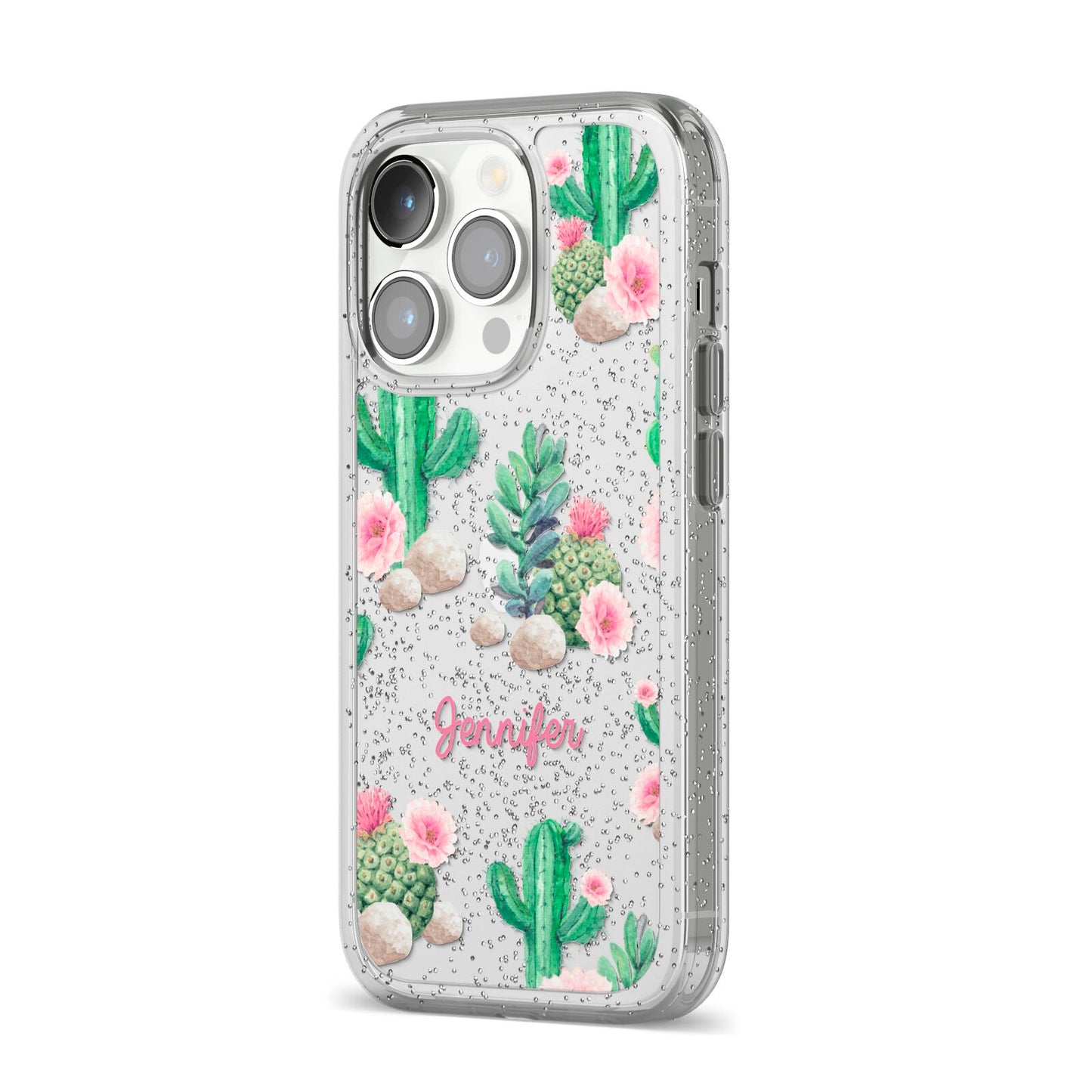 Floral Cactus Print with Name iPhone 14 Pro Glitter Tough Case Silver Angled Image