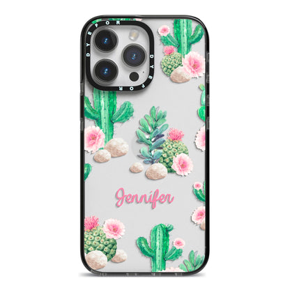 Floral Cactus Print with Name iPhone 14 Pro Max Black Impact Case on Silver phone