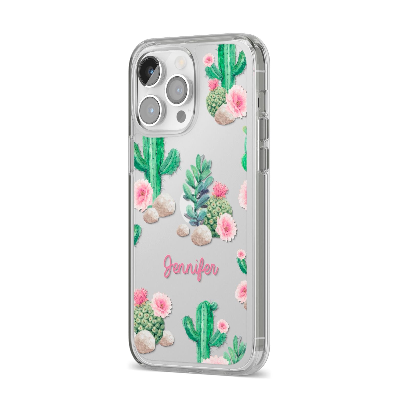 Floral Cactus Print with Name iPhone 14 Pro Max Clear Tough Case Silver Angled Image