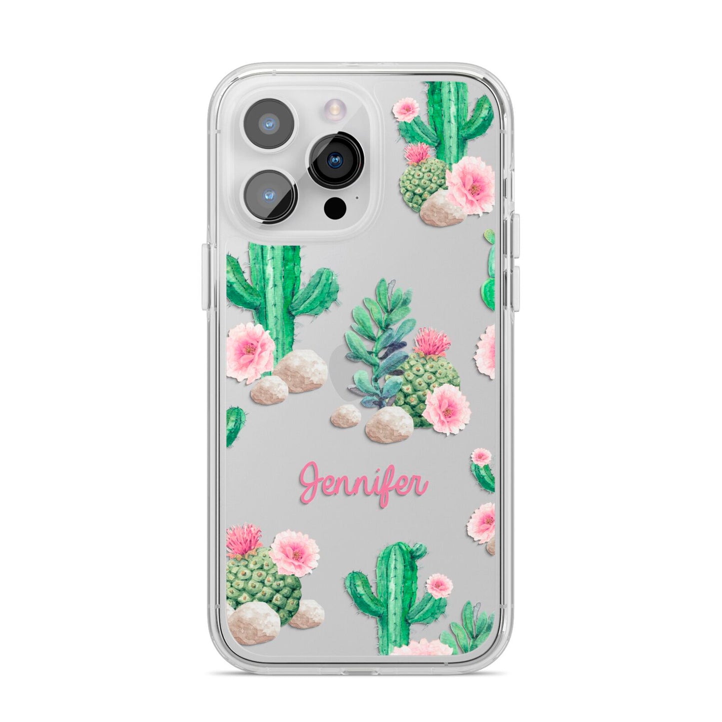 Floral Cactus Print with Name iPhone 14 Pro Max Clear Tough Case Silver