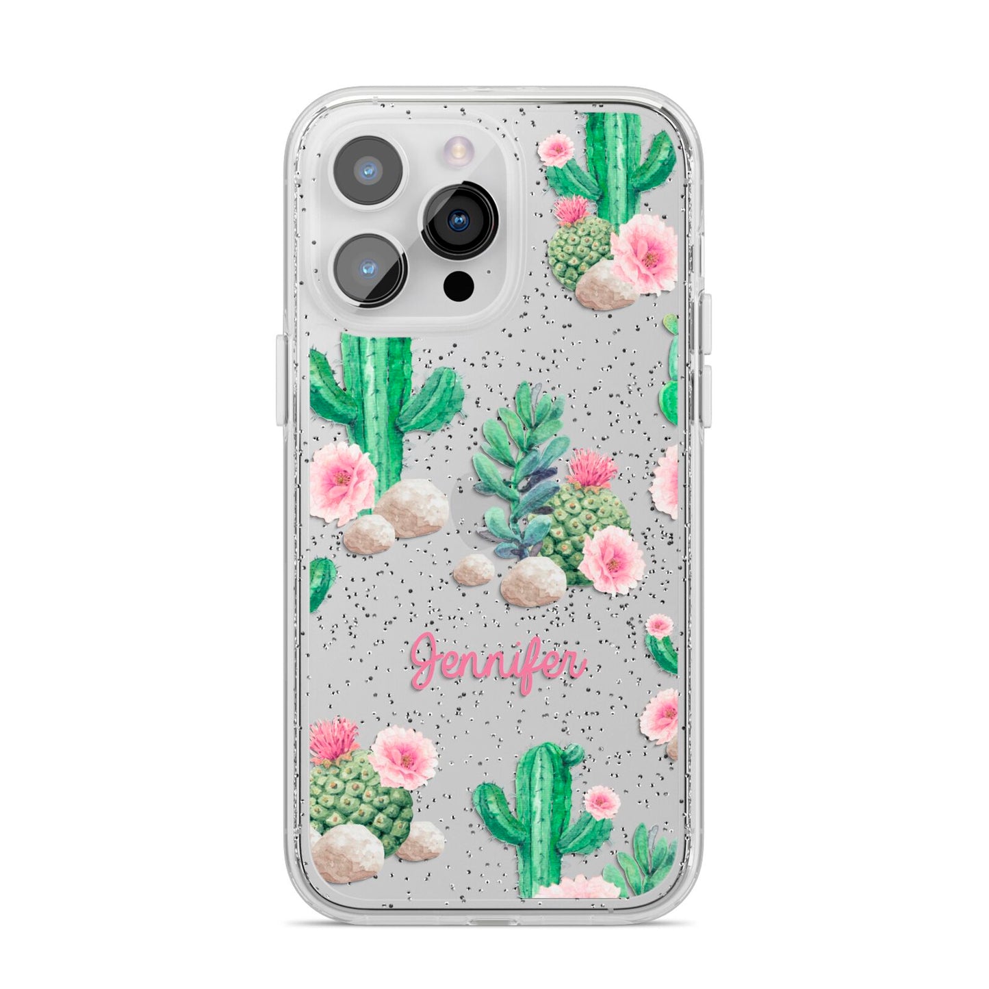 Floral Cactus Print with Name iPhone 14 Pro Max Glitter Tough Case Silver