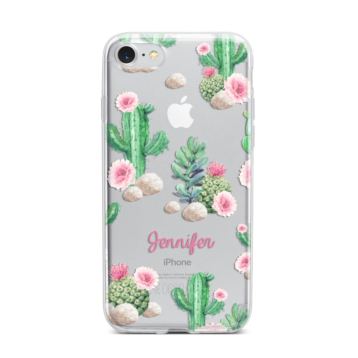 Floral Cactus Print with Name iPhone 7 Bumper Case on Silver iPhone