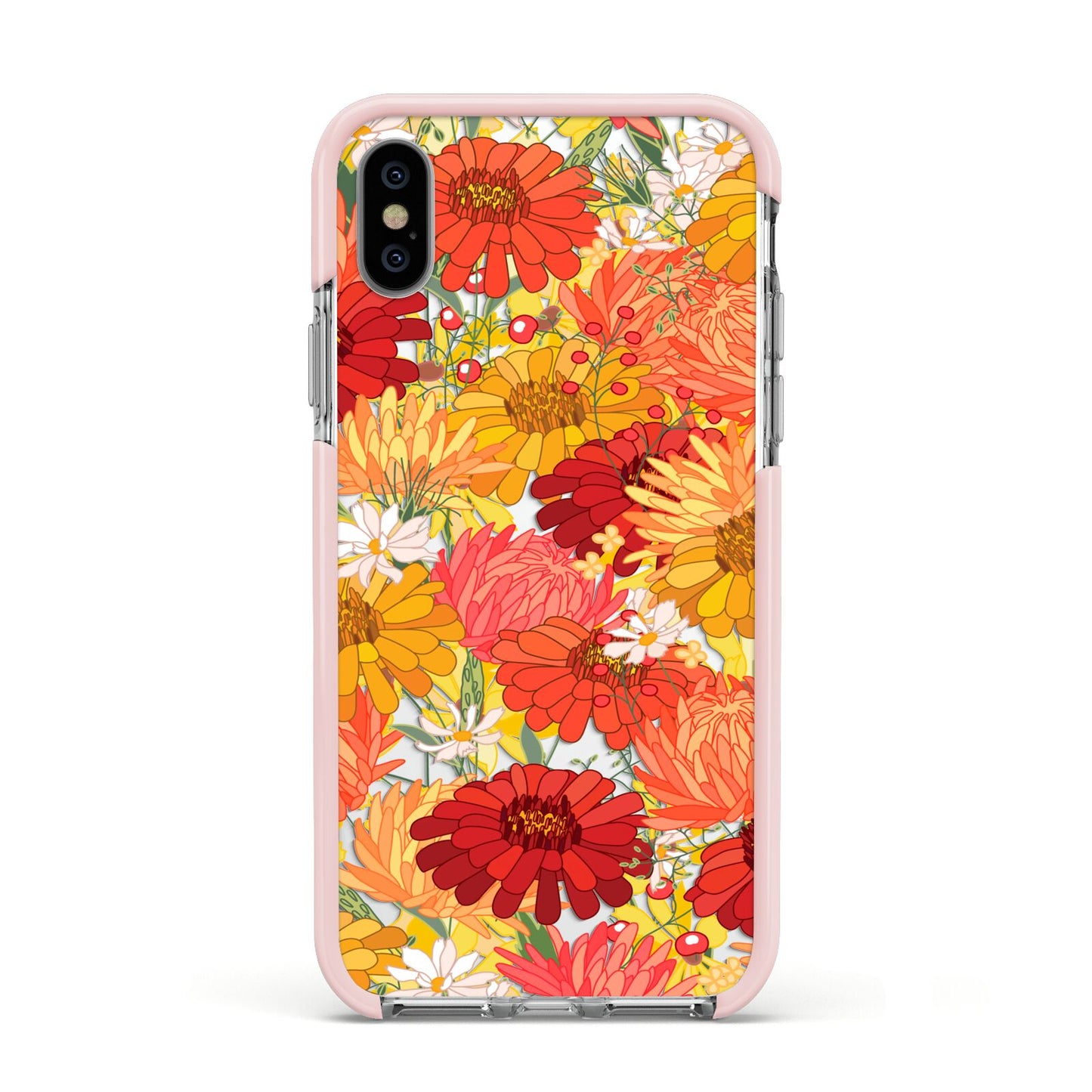 Floral Gerbera Apple iPhone Xs Impact Case Pink Edge on Silver Phone