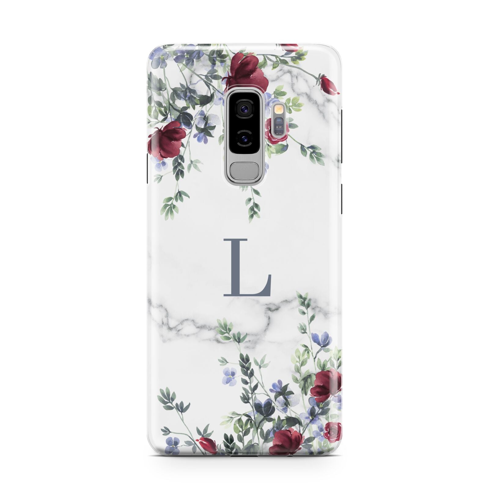 Floral Marble Monogram Personalised Samsung Galaxy S9 Plus Case on Silver phone